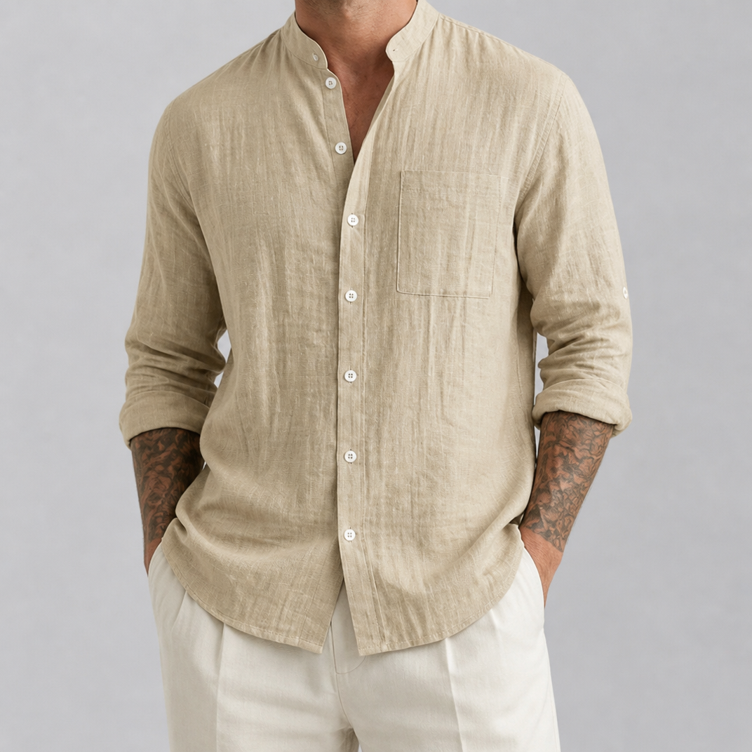 Men’s Linen-Blend Mandarin-Collar Pocket Shirt