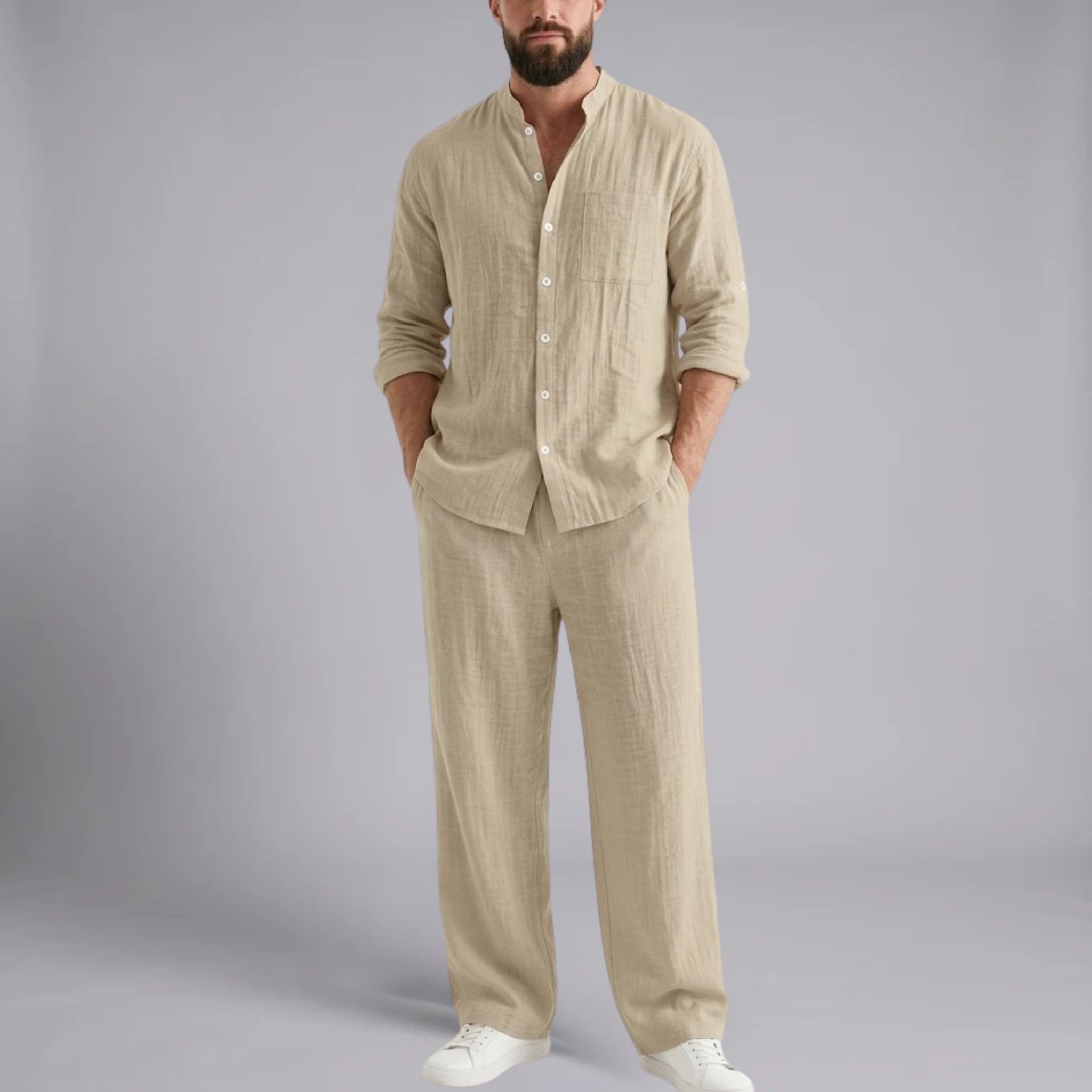 Men’s Linen-Blend Mandarin-Collar Pocket Shirt