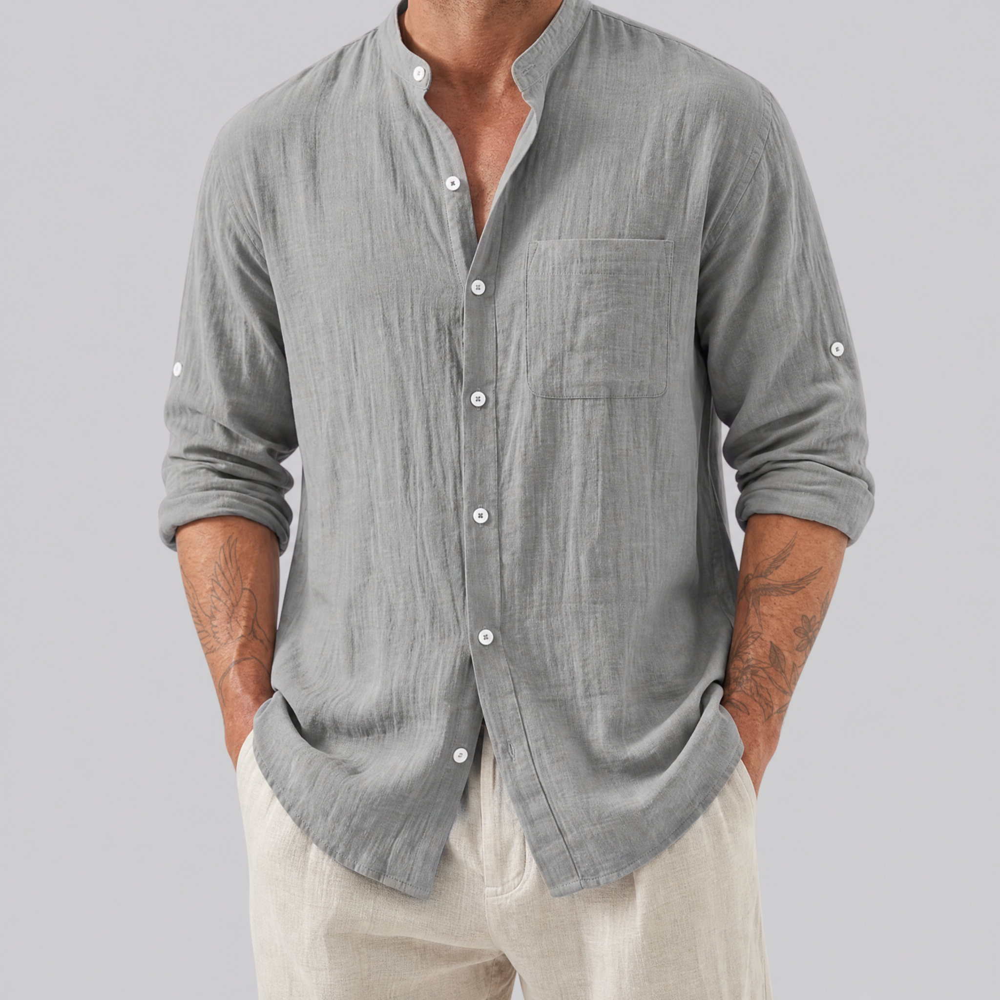 Men’s Linen-Blend Mandarin-Collar Pocket Shirt