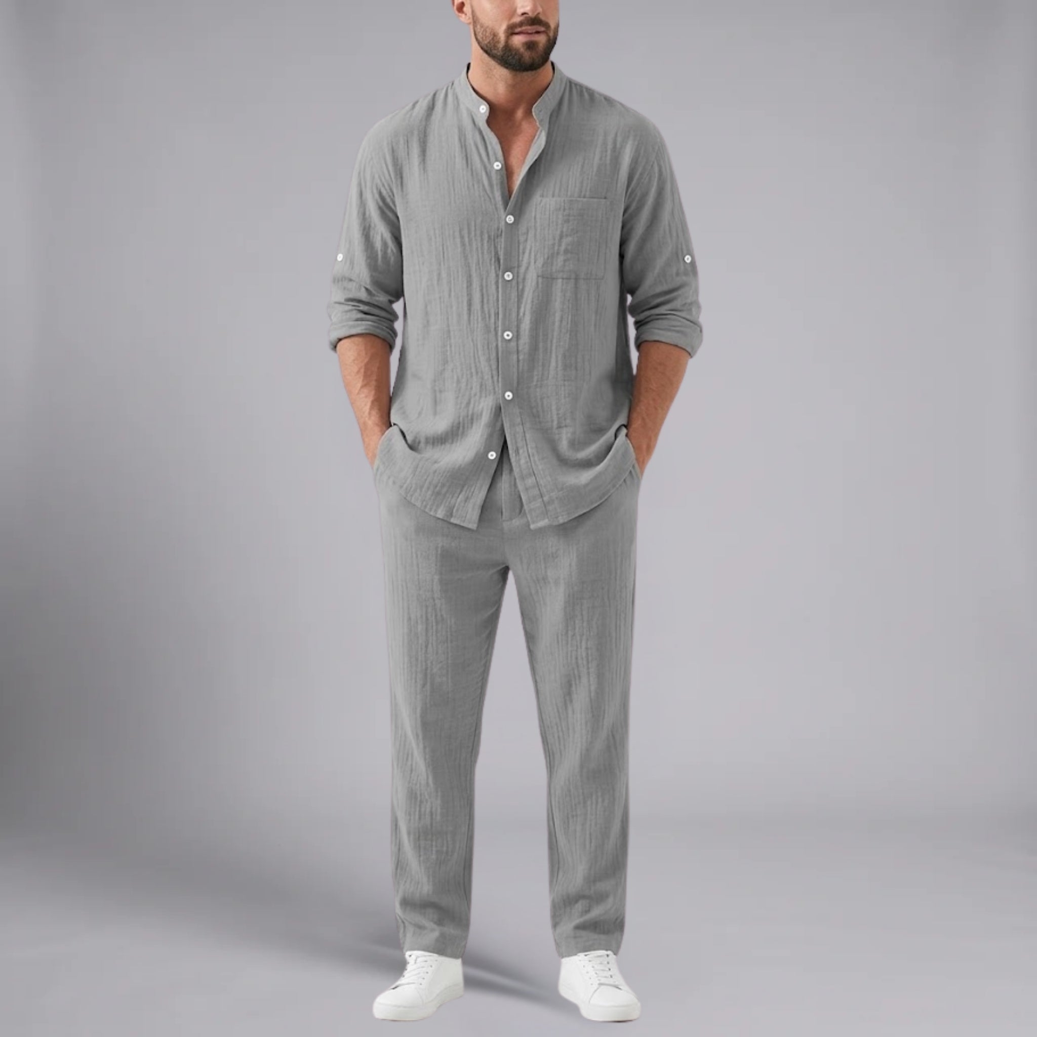 Men’s Linen-Blend Mandarin-Collar Pocket Shirt