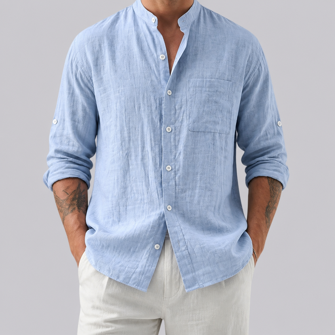 Men’s Linen-Blend Mandarin-Collar Pocket Shirt