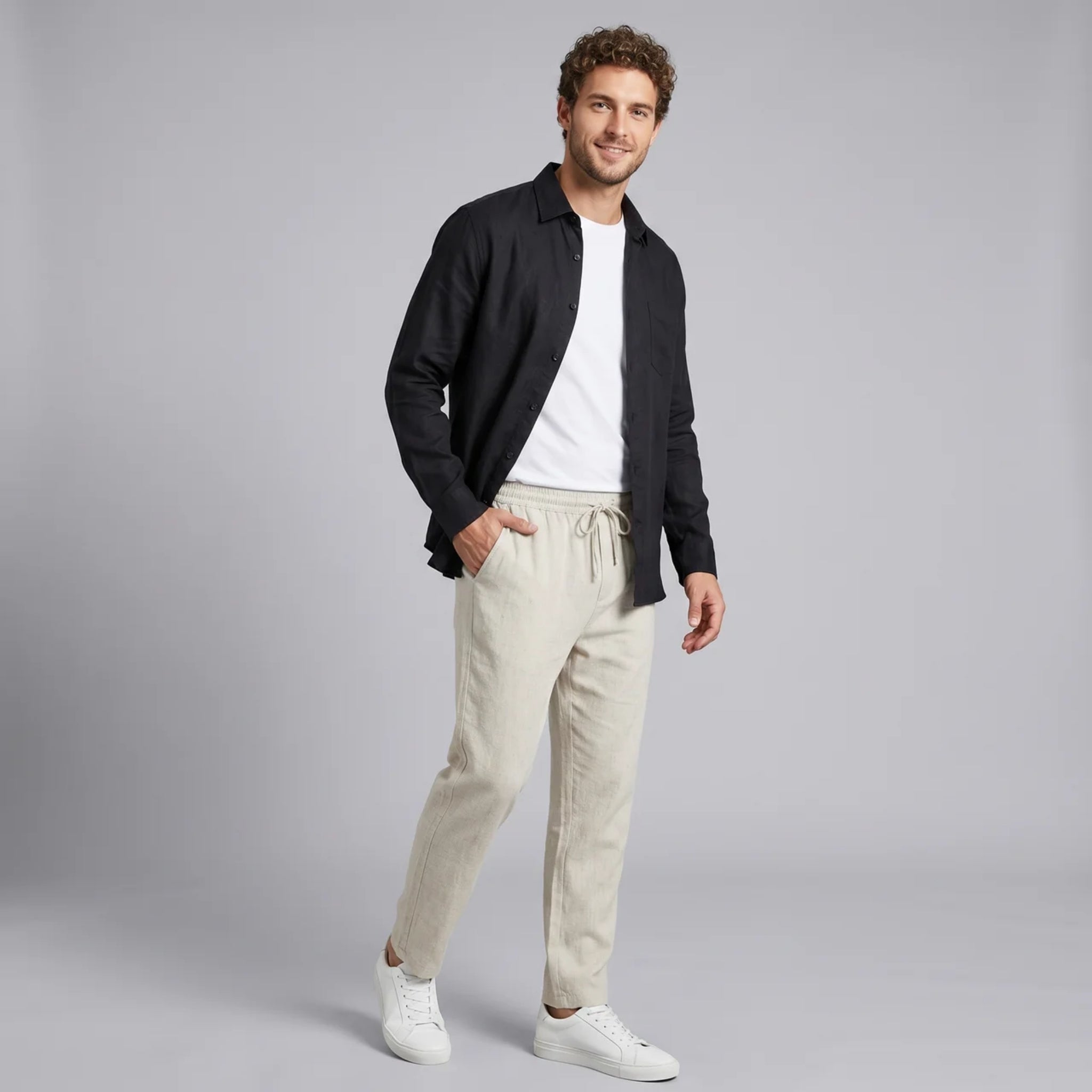 Men’s Linen-Blend Pocket Shirt and Straight-Leg Trousers Set