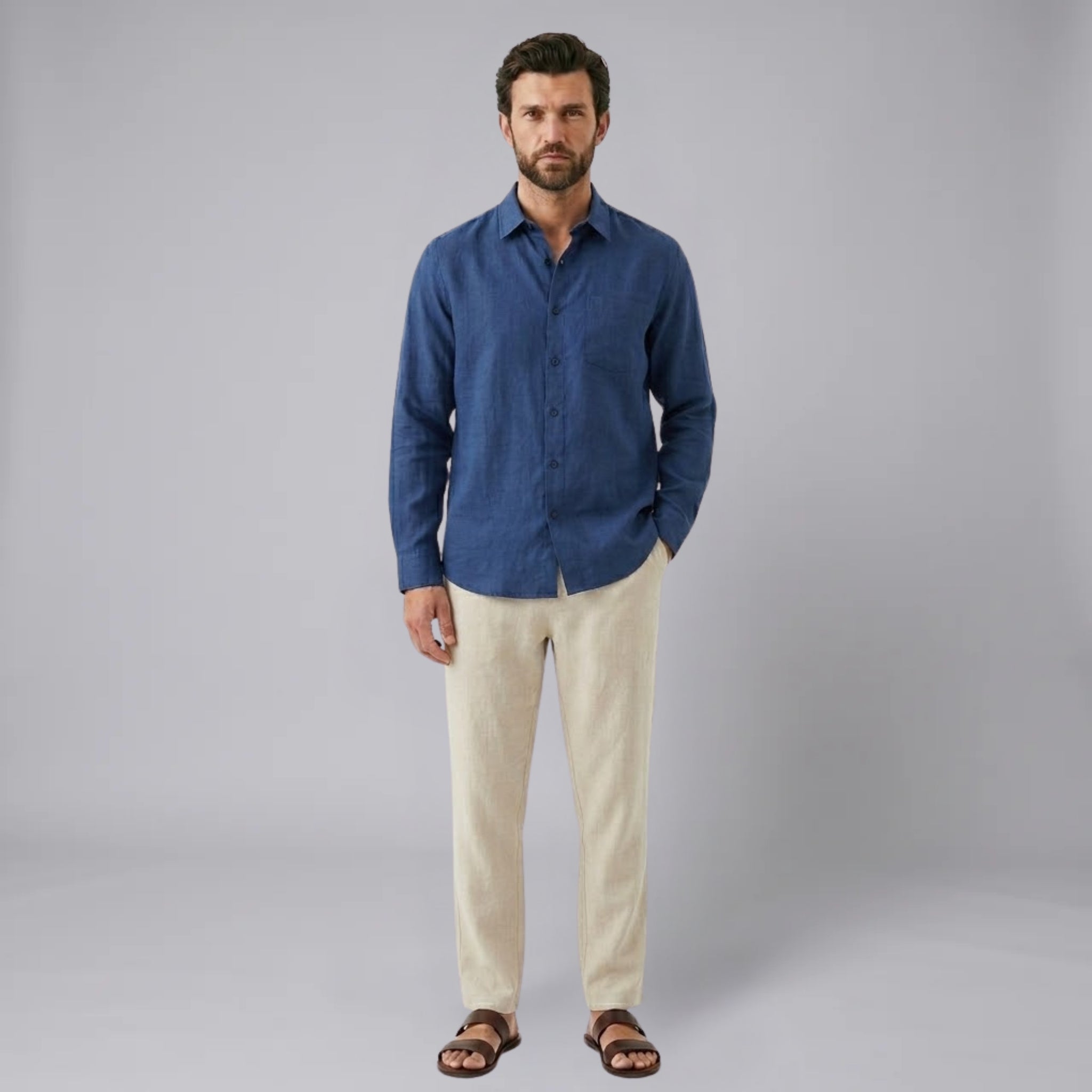 Men’s Linen-Blend Pocket Shirt and Straight-Leg Trousers Set