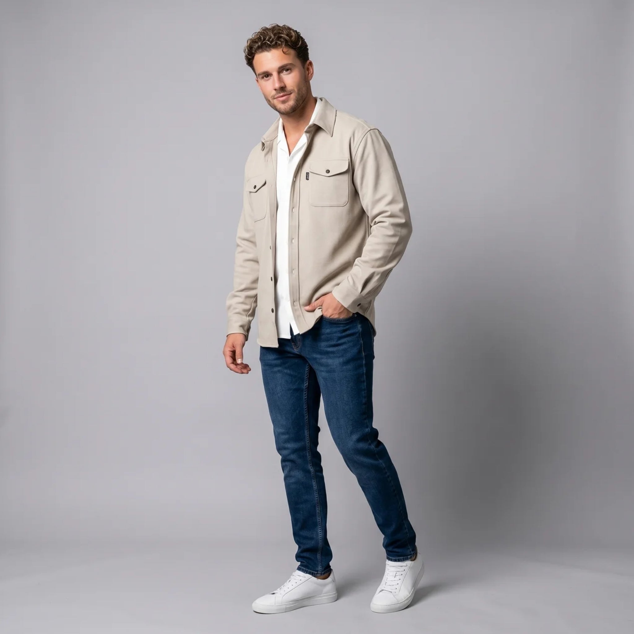 Men’s Long-Sleeve Button-Down Jacket with Dual Chest Pockets