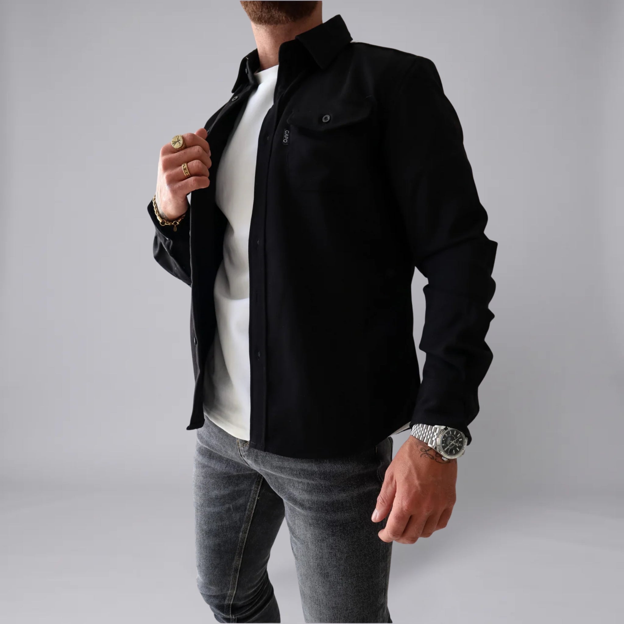 Men’s Long-Sleeve Button-Down Jacket with Dual Chest Pockets