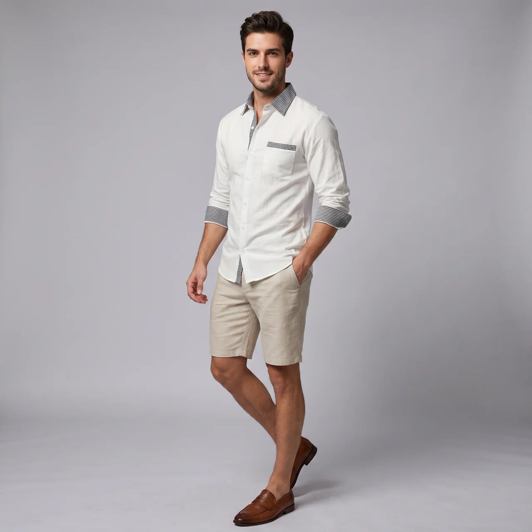 Men’s Long-Sleeve Button-Down Shirt with Houndstooth Pattern Trim