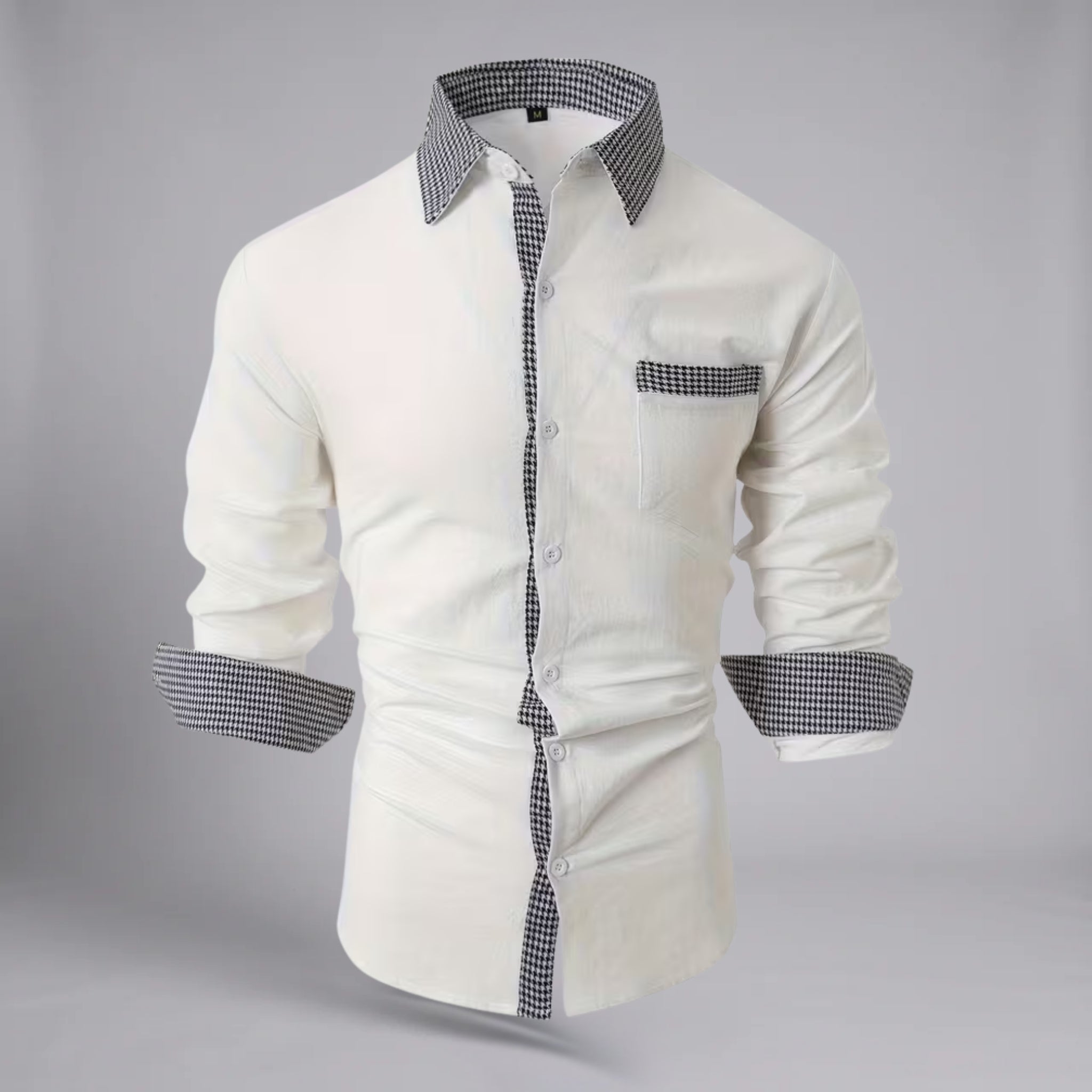 Men’s Long-Sleeve Button-Down Shirt with Houndstooth Pattern Trim