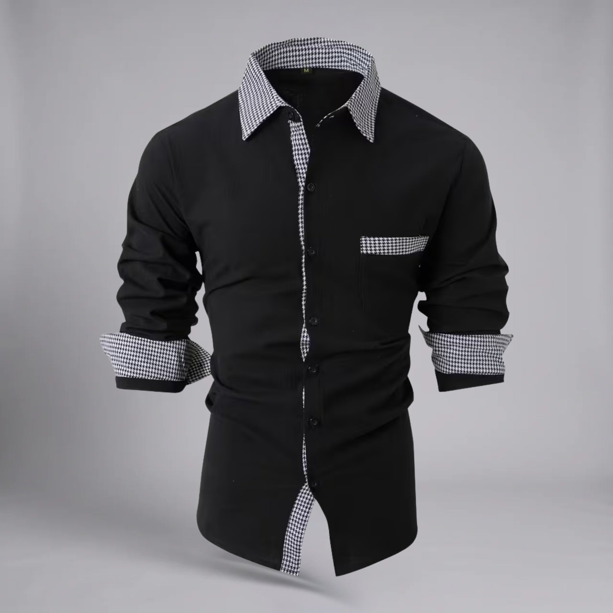Men’s Long-Sleeve Button-Down Shirt with Houndstooth Pattern Trim