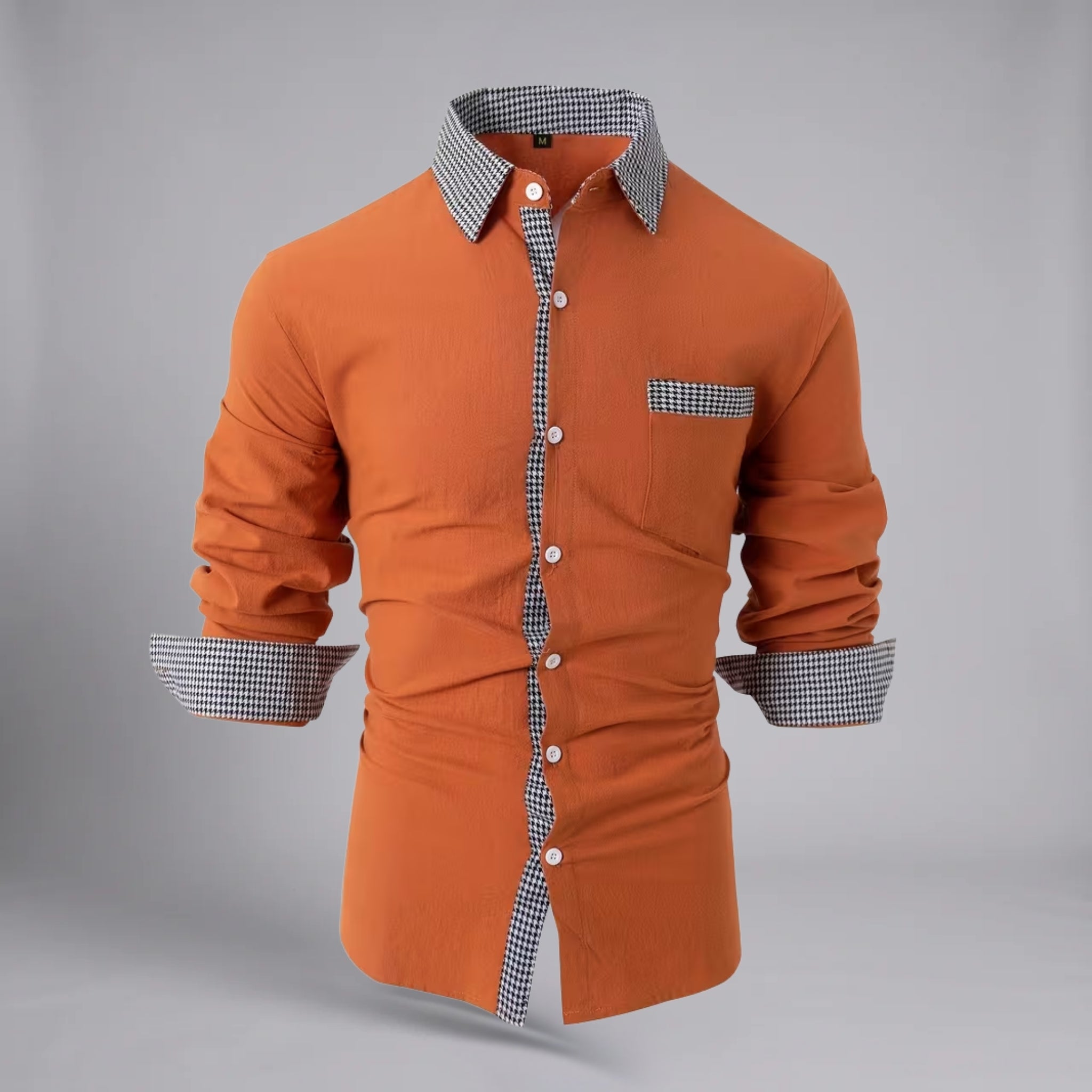 Men’s Long-Sleeve Button-Down Shirt with Houndstooth Pattern Trim