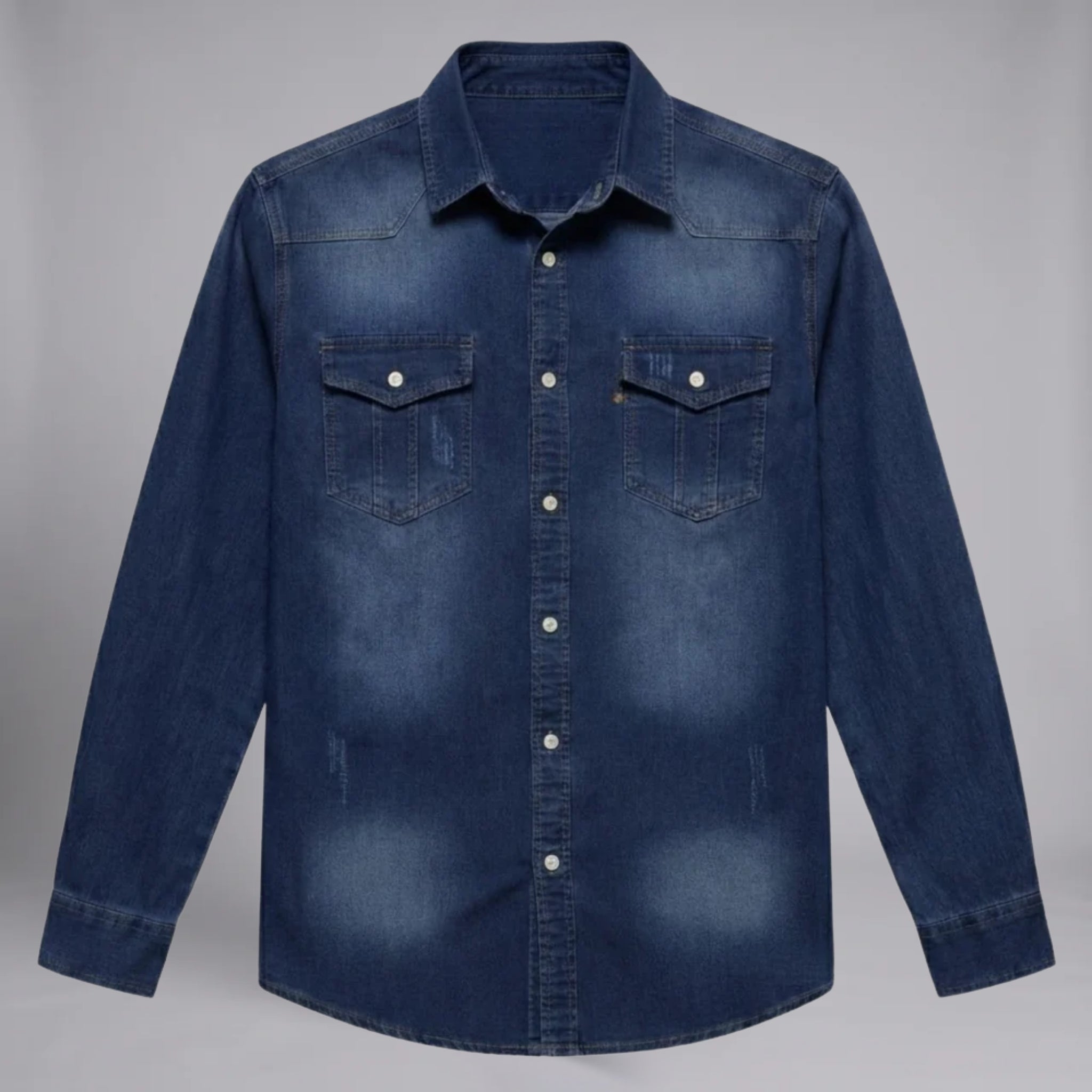 Men’s Long-Sleeve Denim Button-Down Shirt with Curved Hem