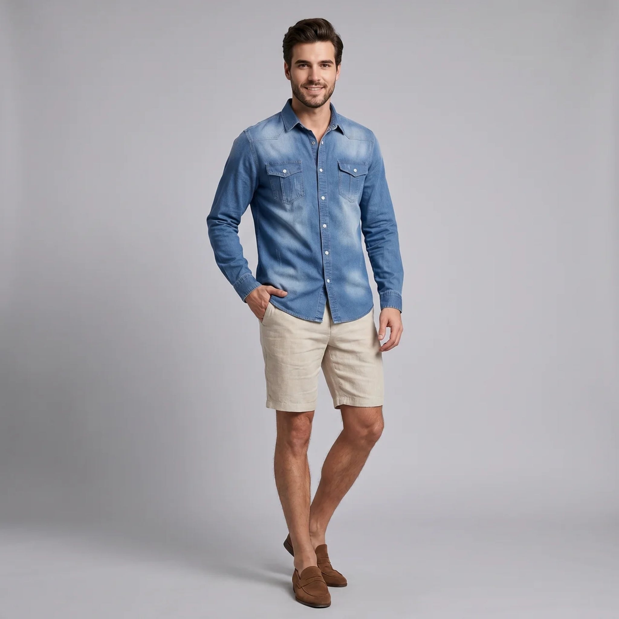 Men’s Long-Sleeve Denim Button-Down Shirt with Curved Hem