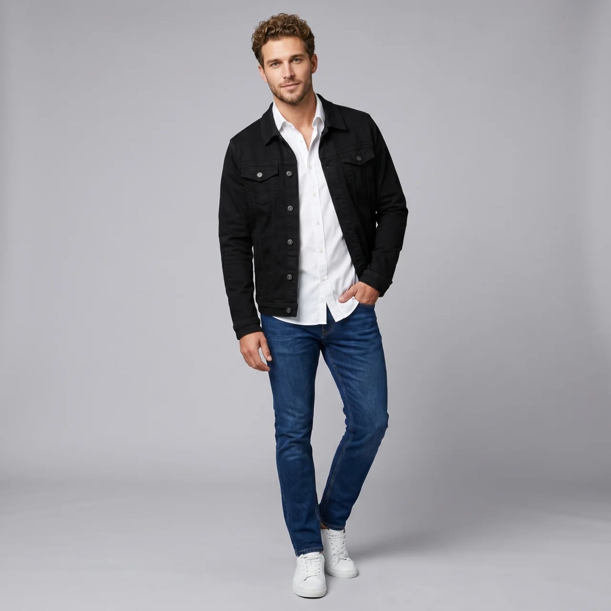 Men’s Long-Sleeve Denim Jacket with Four-Pocket Utility
