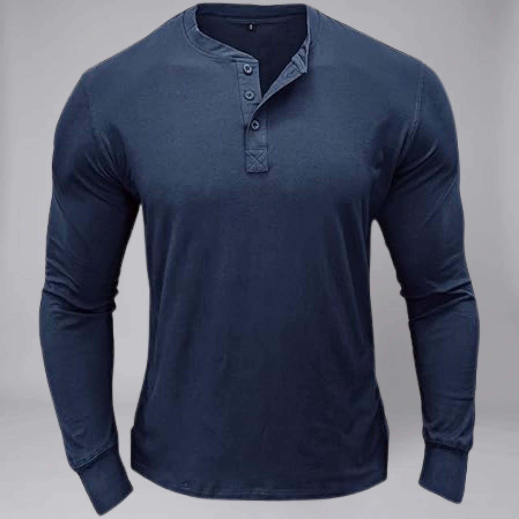 Men’s Long-Sleeve Henley T-Shirt with Curved Hem