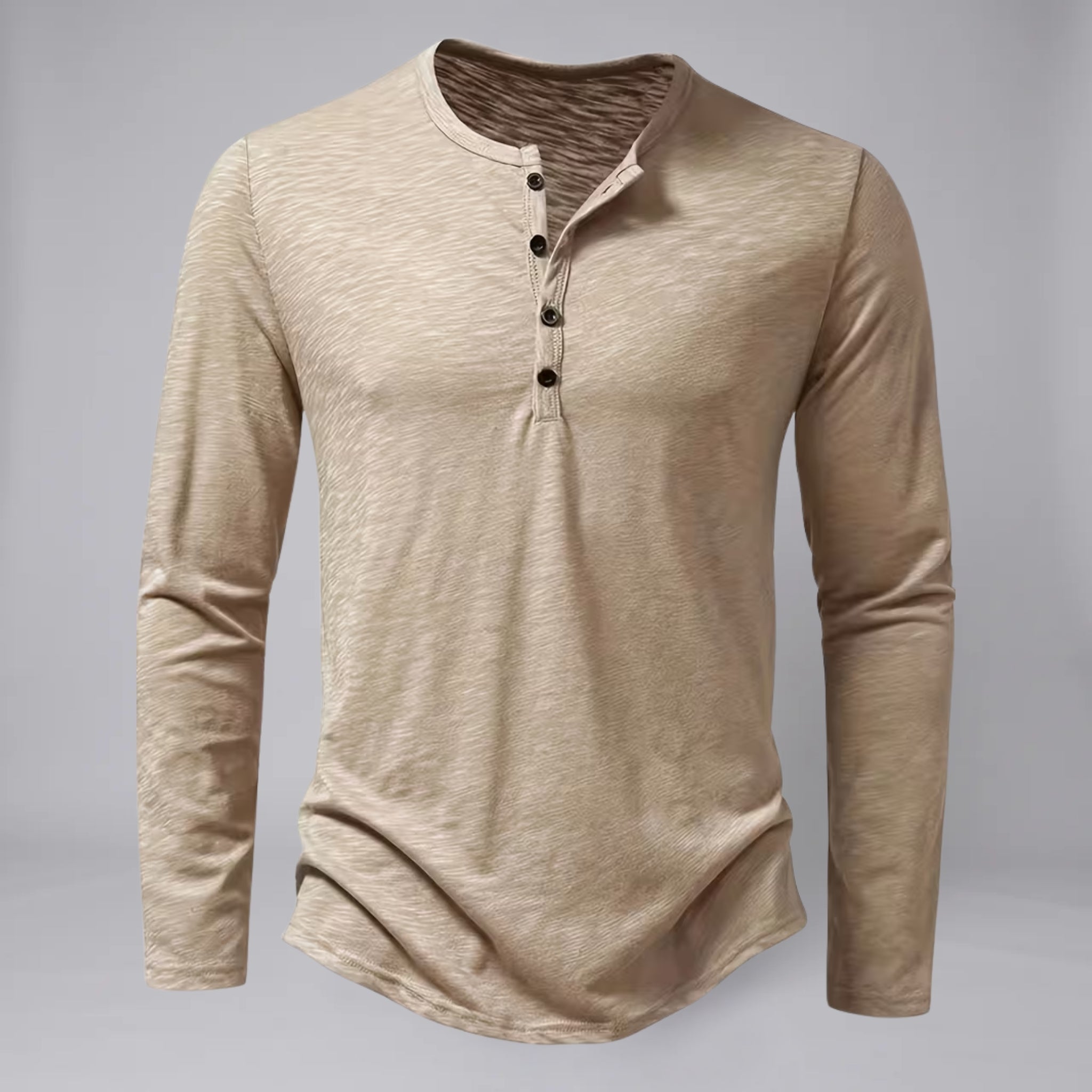 Men’s Long-Sleeve Henley T-Shirt with Curved Hem