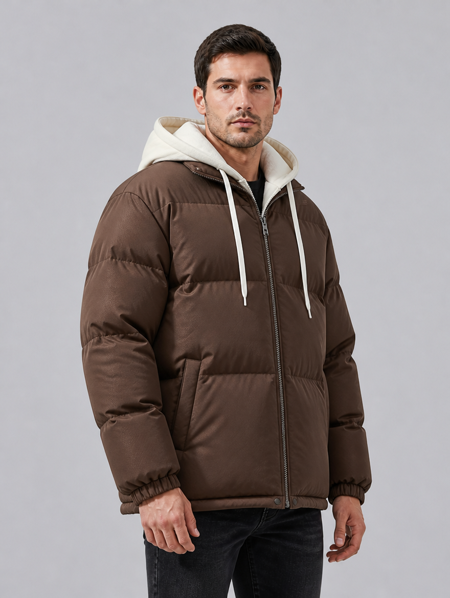 Men's Matte Padded Regular Drawstring Hooded Puffer Jacket - Brown colour view
