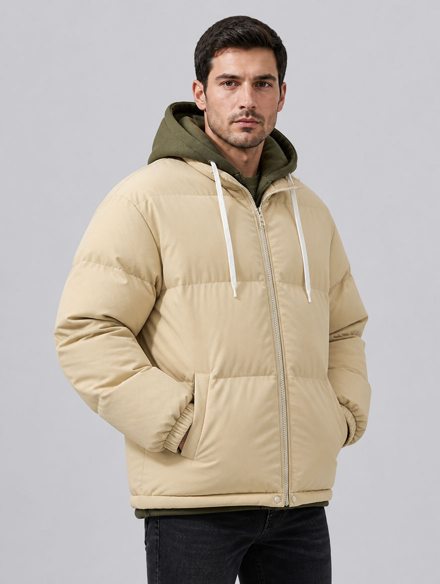 Men's Matte Padded Regular Drawstring Hooded Puffer Jacket - Beige colour view