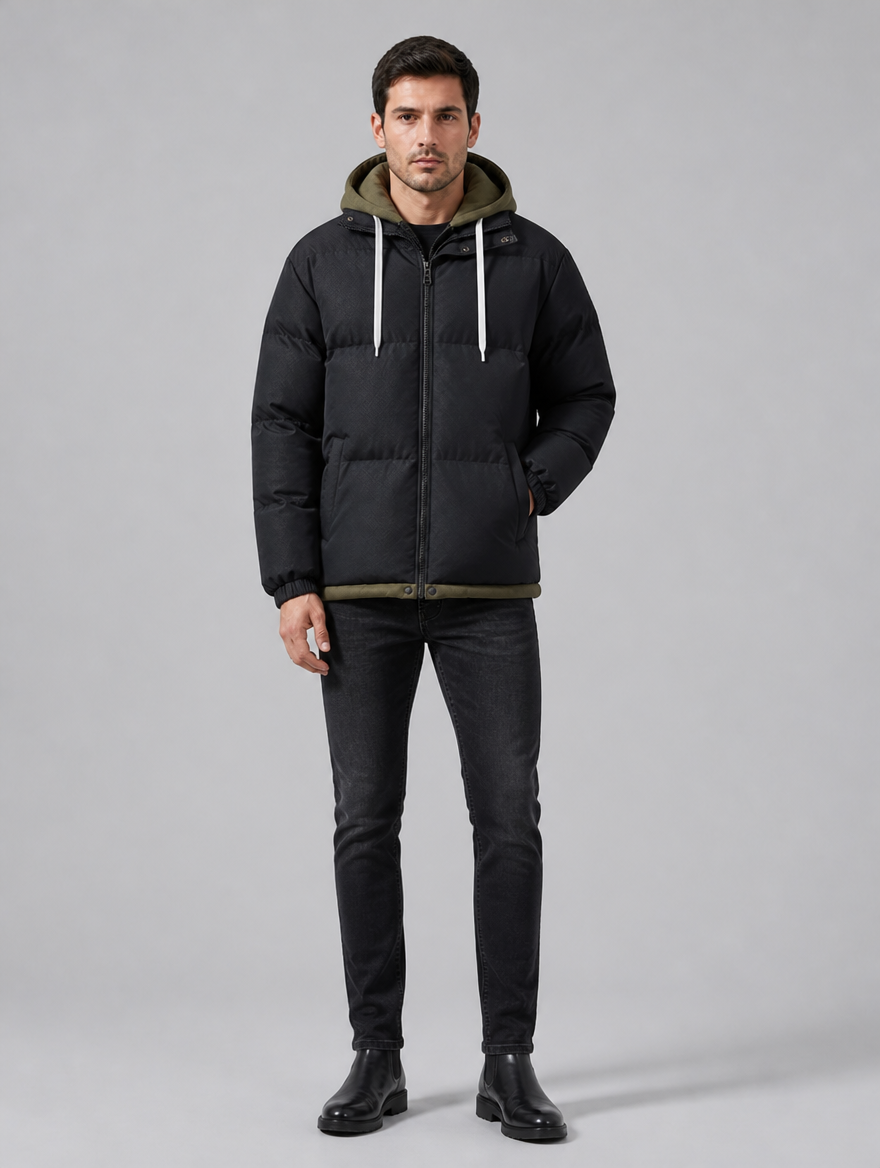 Men's Matte Padded Regular Drawstring Hooded Puffer Jacket - product view 1