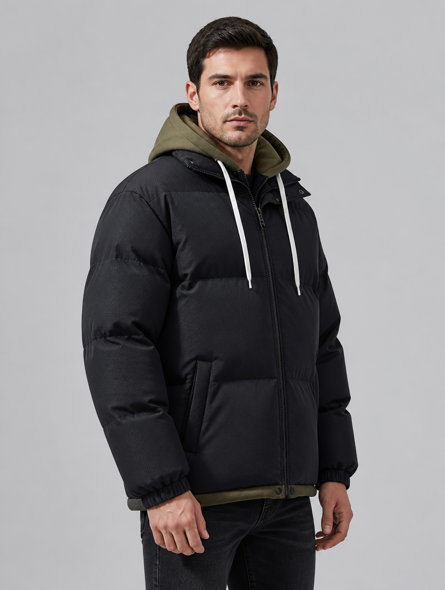 Men's Matte Padded Regular Drawstring Hooded Puffer Jacket - Black colour view