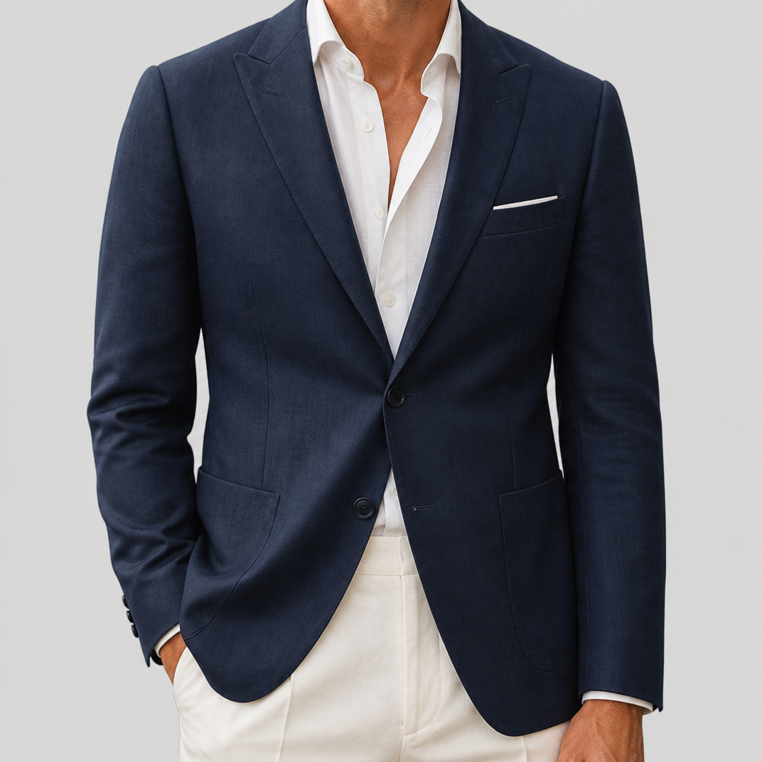 Men’s Midnight Blue Casual Tailored Linen-Blend Blazer