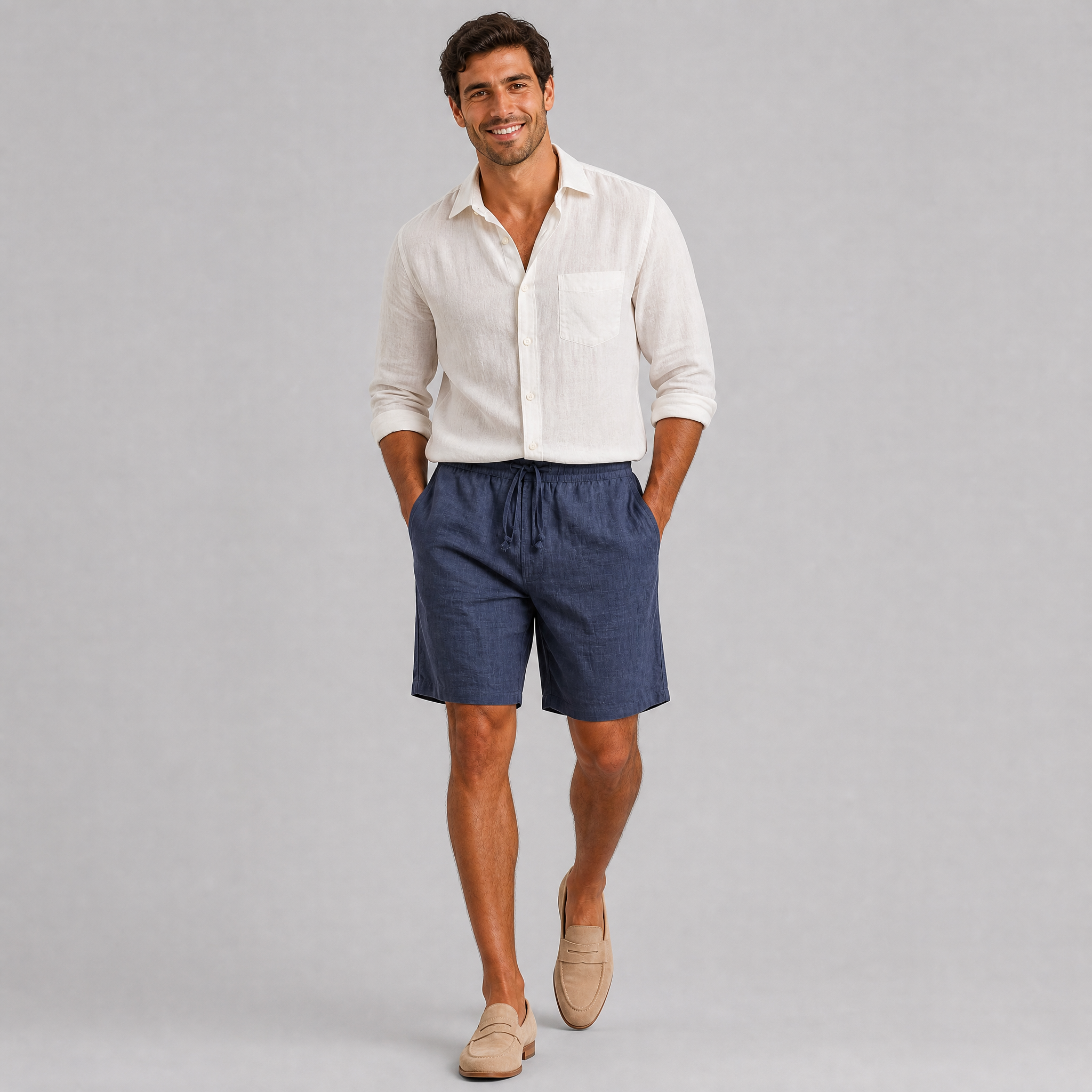 Men’s Navy Blue Relaxed-Fit Pure Linen Shorts
