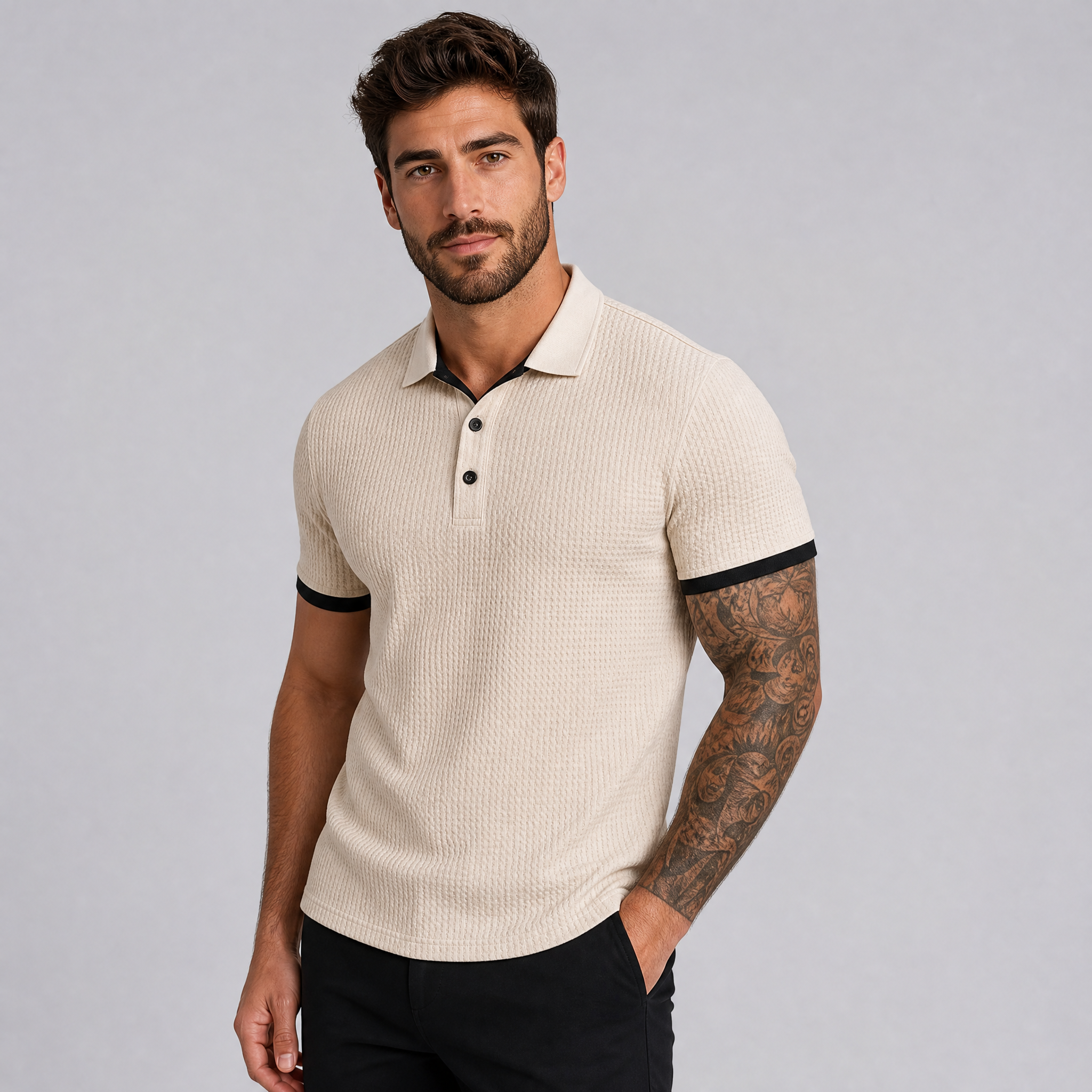 Men's Navy Textured Polo Shirt – Smart Casual Knitted Polo