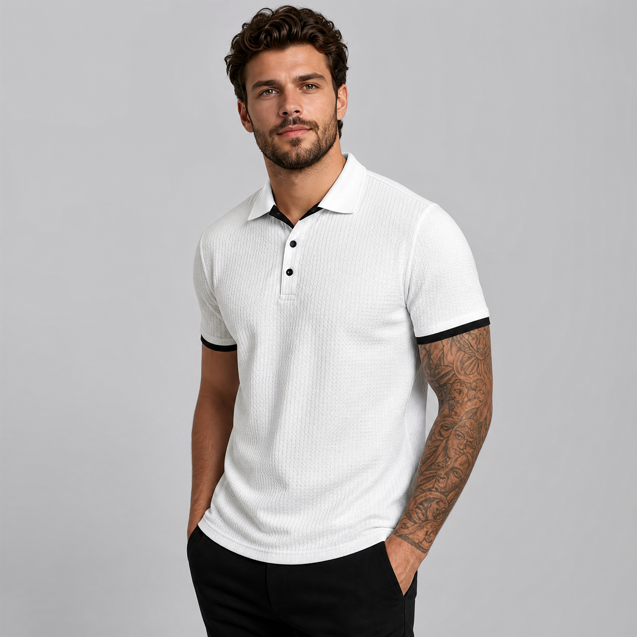 Men's Navy Textured Polo Shirt – Smart Casual Knitted Polo