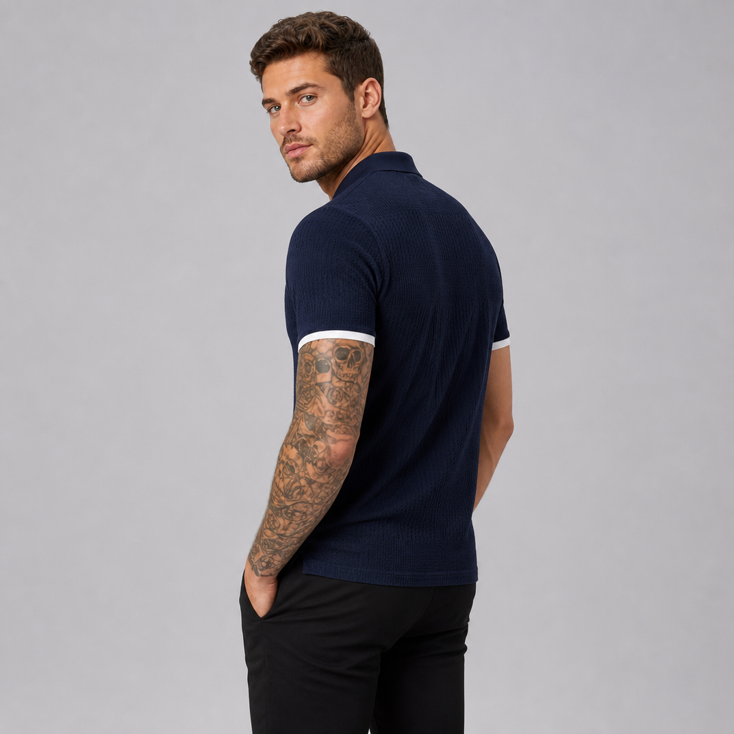 Men's Navy Textured Polo Shirt – Smart Casual Knitted Polo