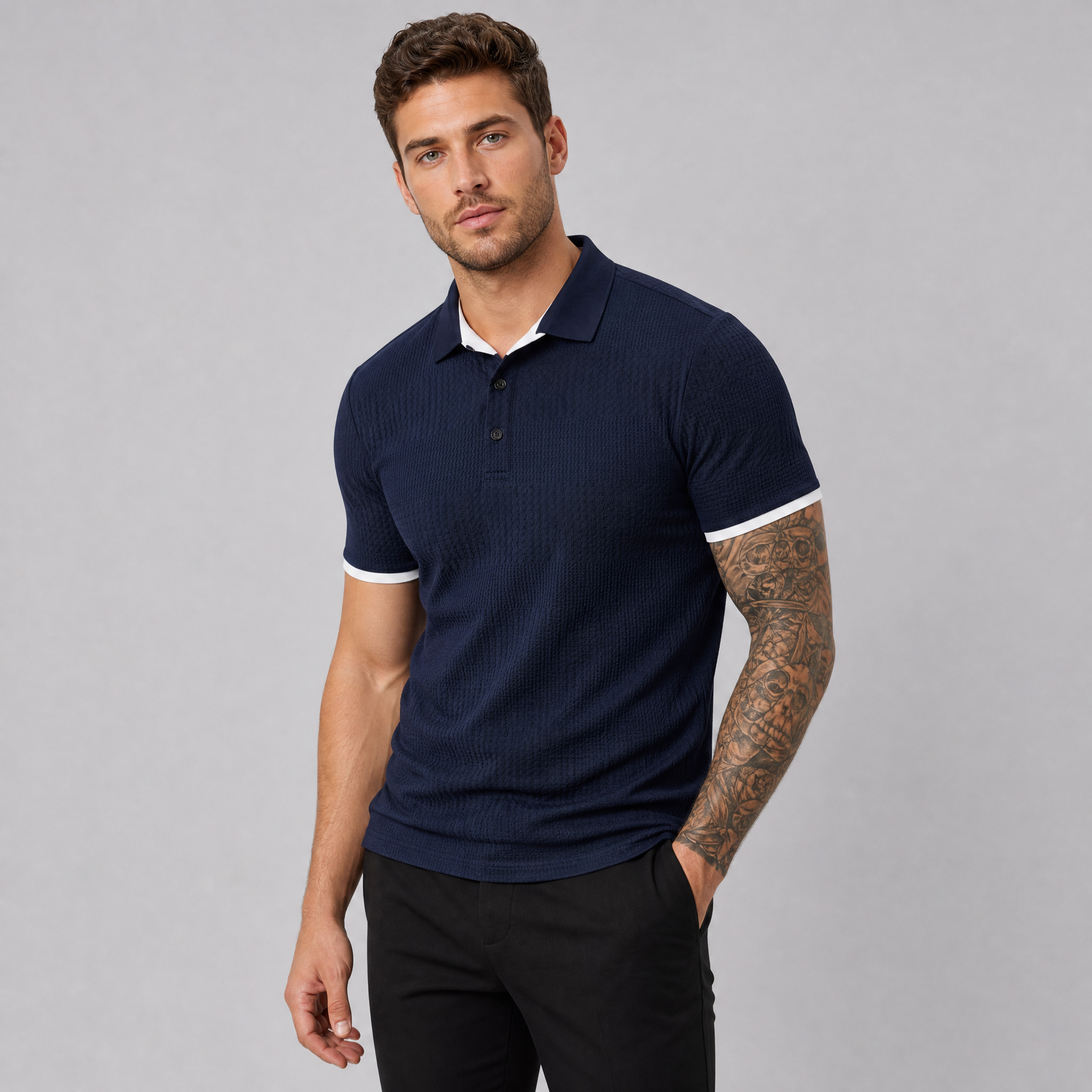 Men's Navy Textured Polo Shirt – Smart Casual Knitted Polo