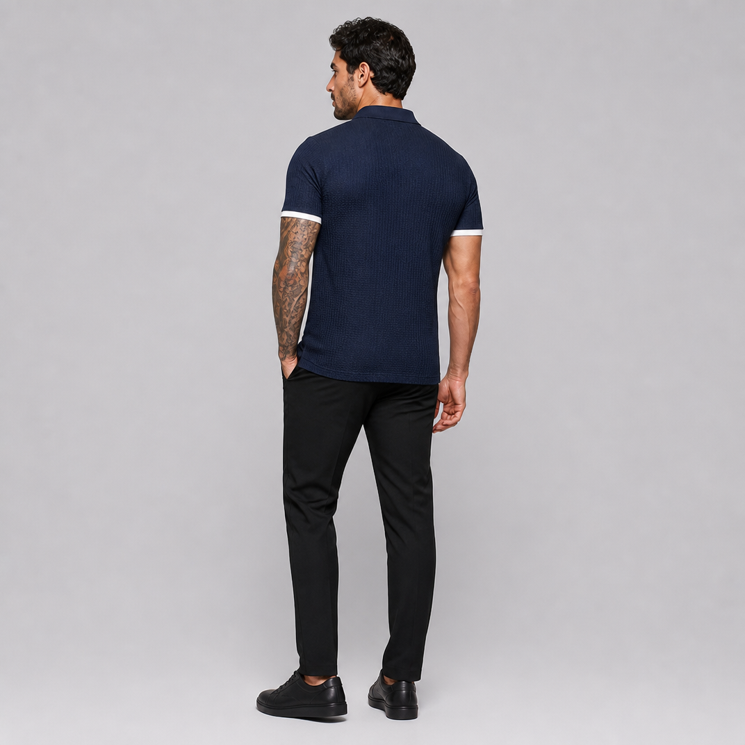 Men's Navy Textured Polo Shirt – Smart Casual Knitted Polo