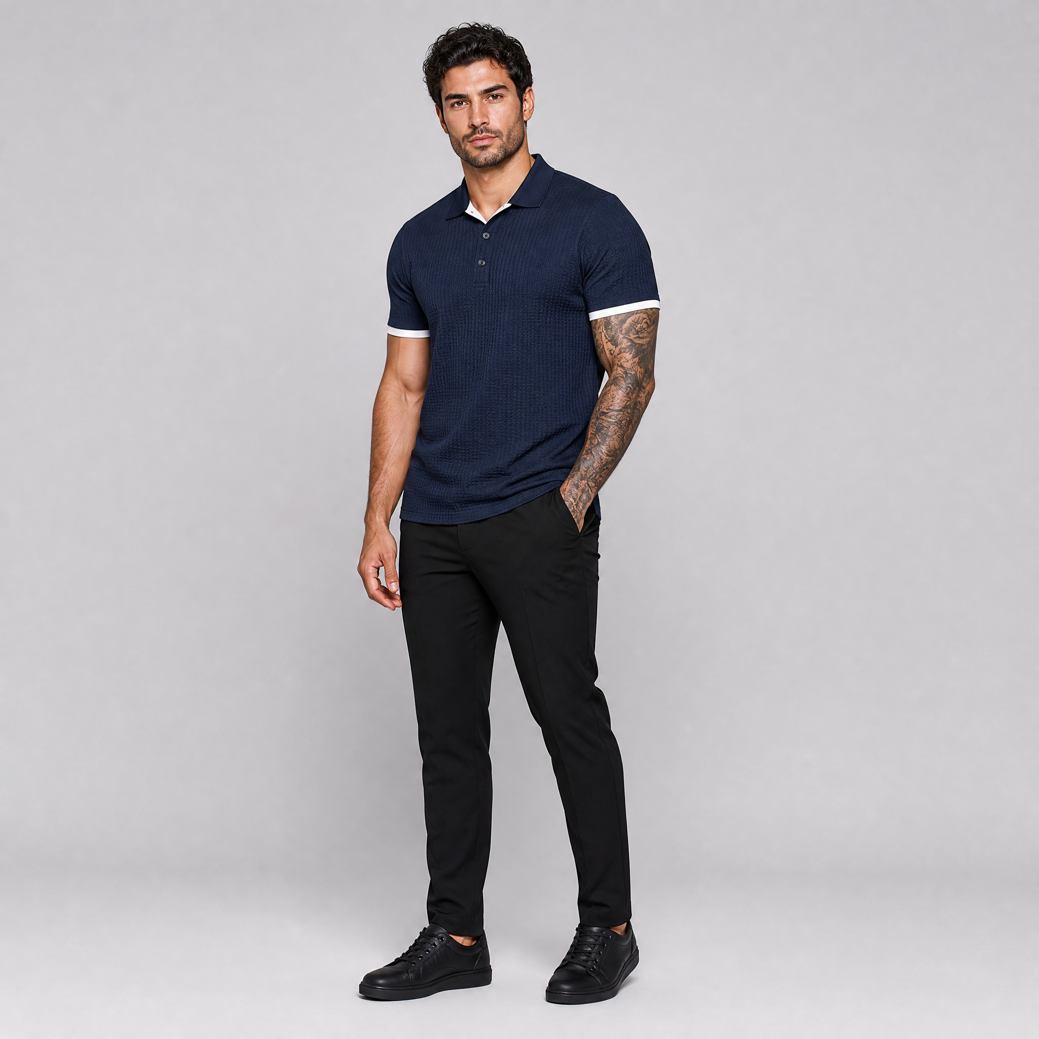 Men's Navy Textured Polo Shirt – Smart Casual Knitted Polo