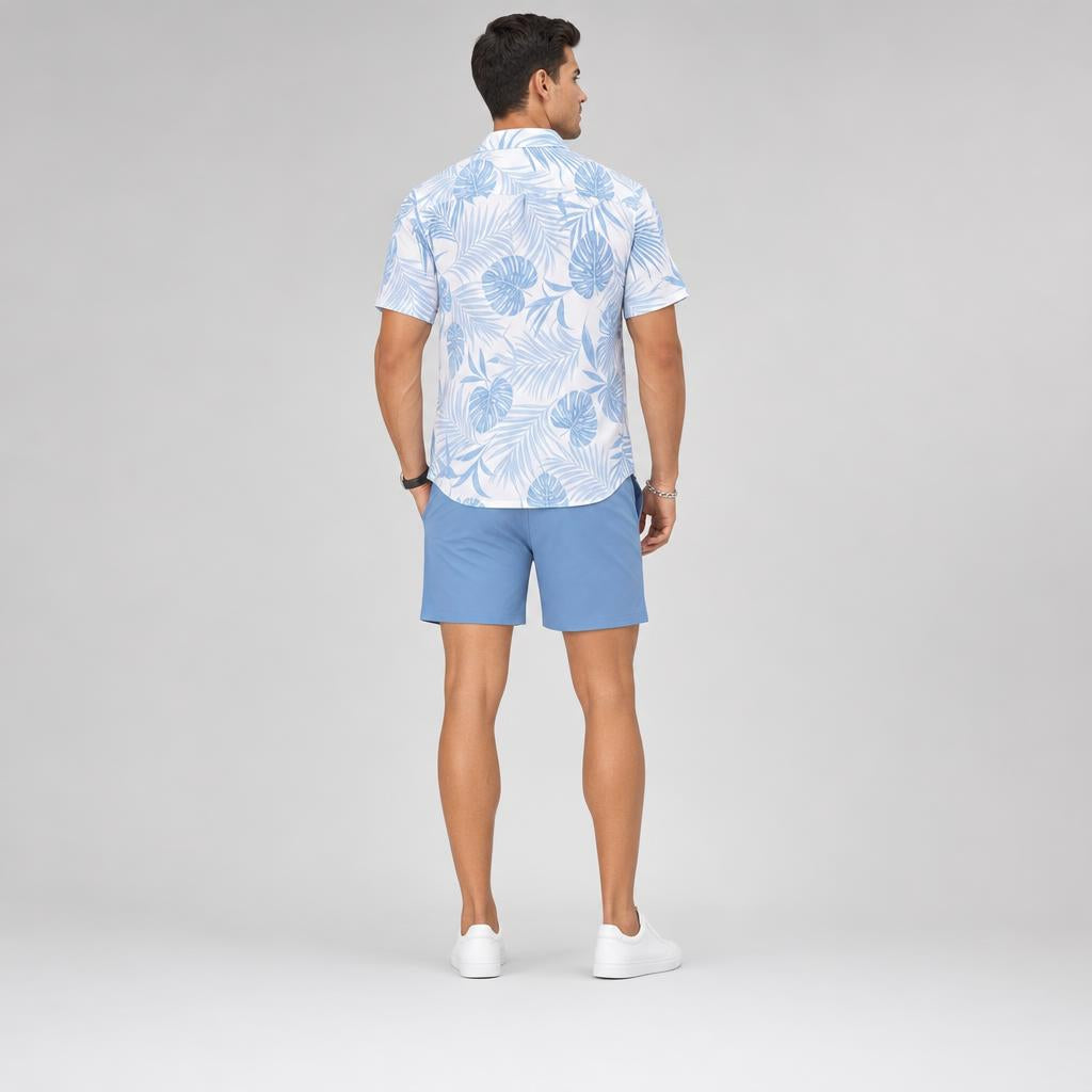 Men’s Palm-Print Cuban-Collar Lustrous Resort Shorts Set