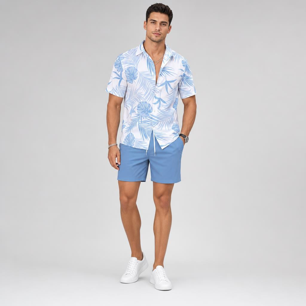 Men’s Palm-Print Cuban-Collar Lustrous Resort Shorts Set