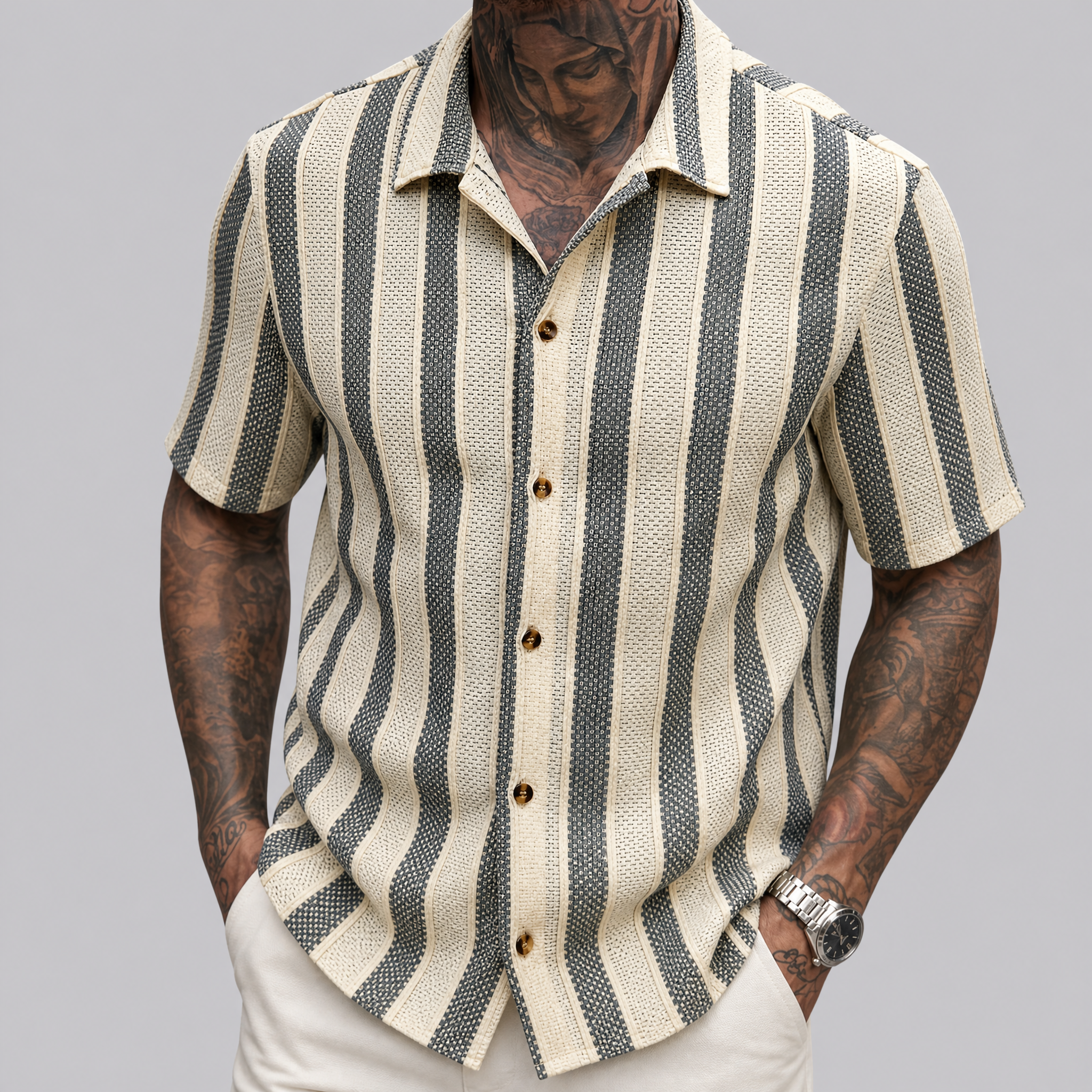 Men's Regular-Fit Vertical Striped Textured Knit Shirt