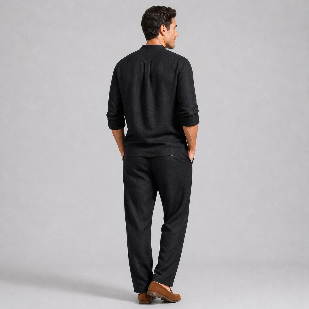 Men’s Relaxed-Fit Black Linen Mandarin Collar Set