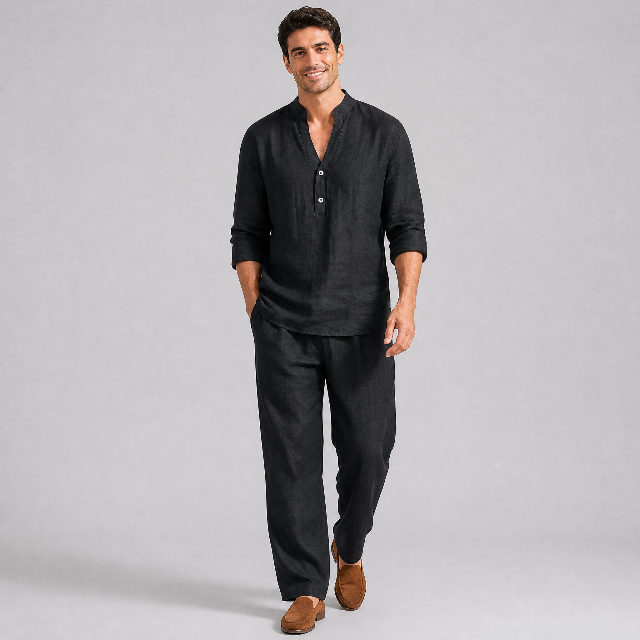 Men’s Relaxed-Fit Black Linen Mandarin Collar Set