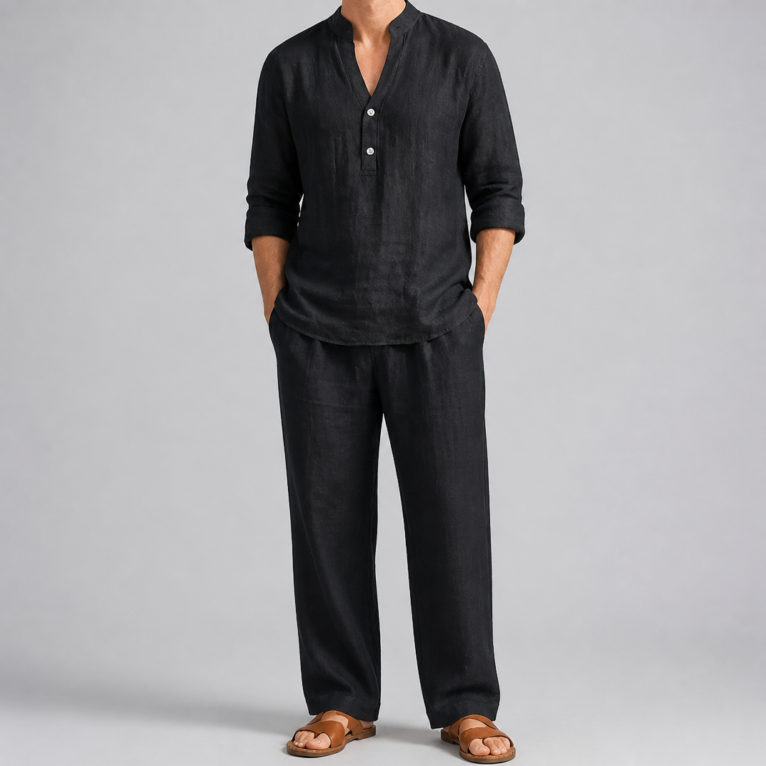 Men’s Relaxed-Fit Black Linen Mandarin Collar Set