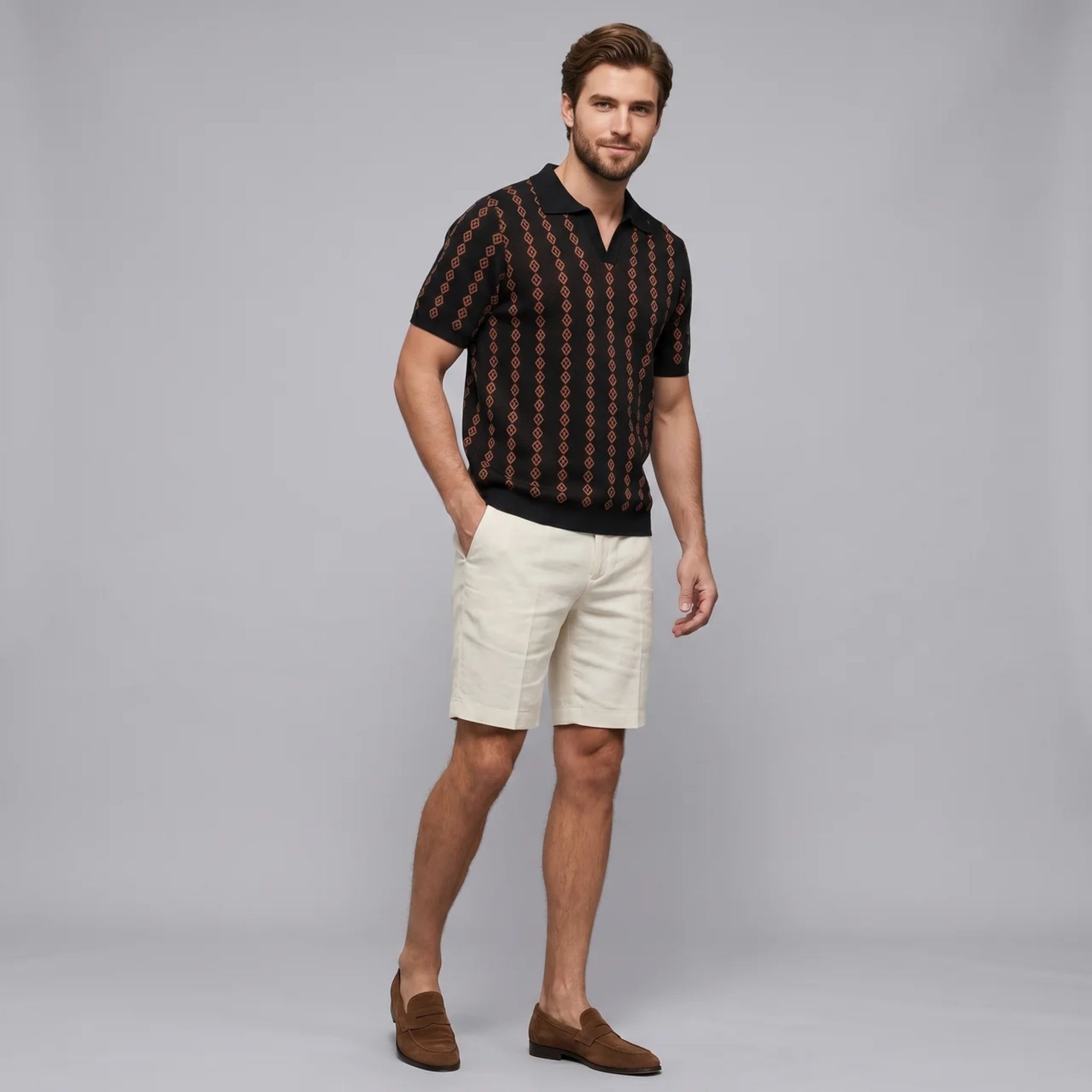 Men’s Retro-Inspired Geometric Knit Polo Shirt