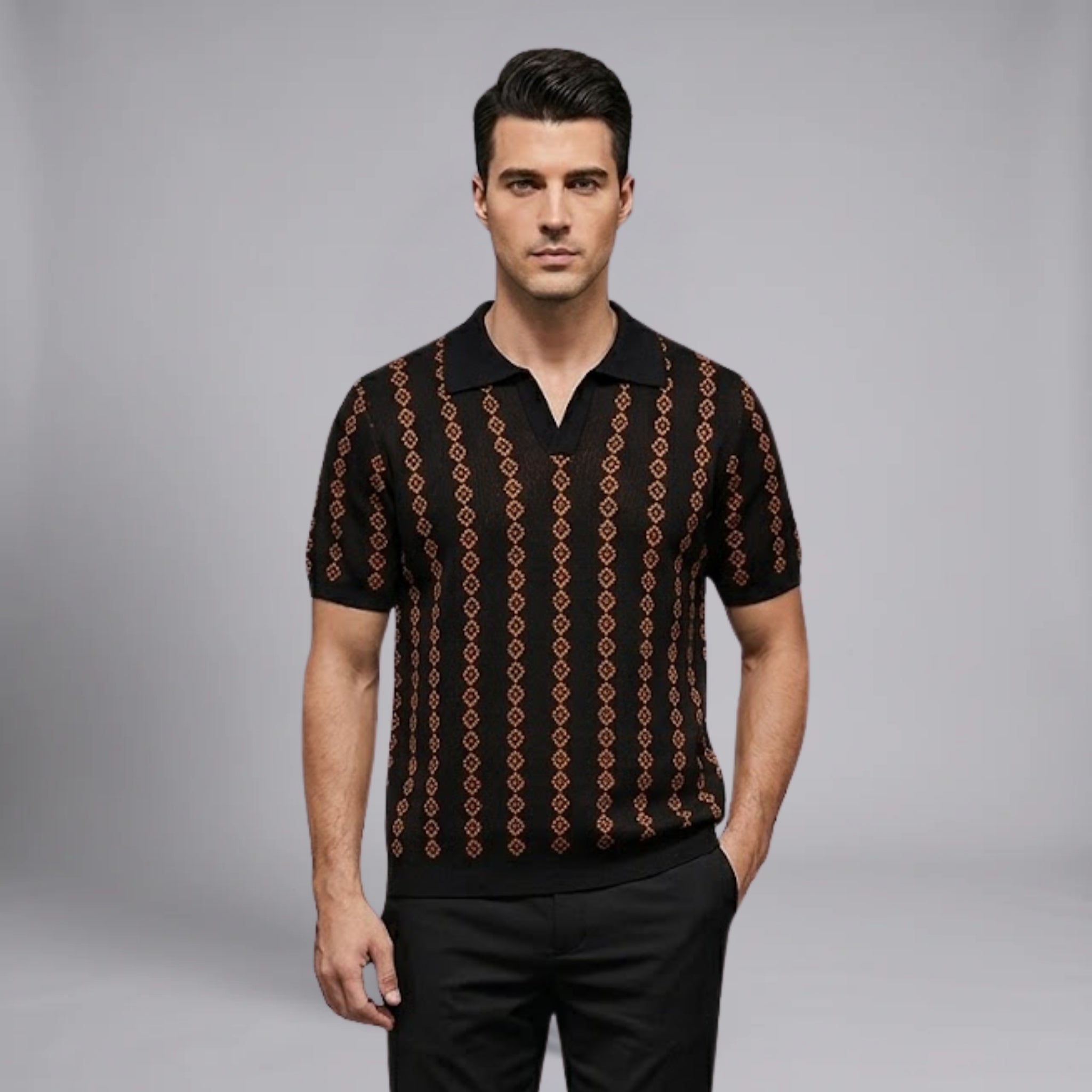 Men’s Retro-Inspired Geometric Knit Polo Shirt