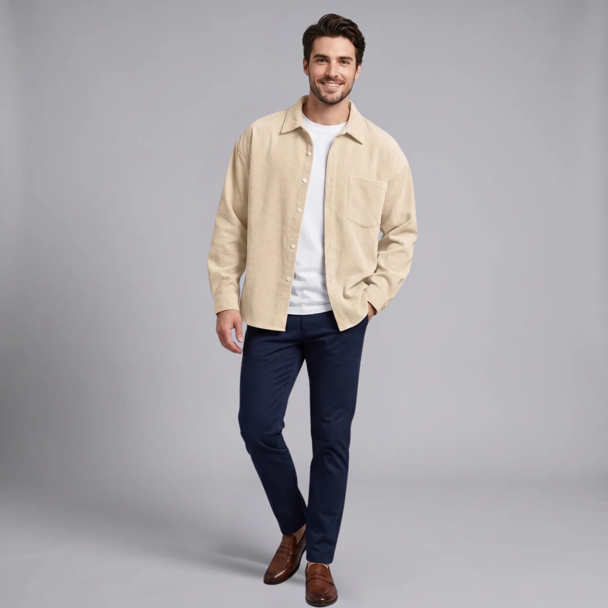 Men’s Ribbed Button-Down Shirt with Chest Pocket