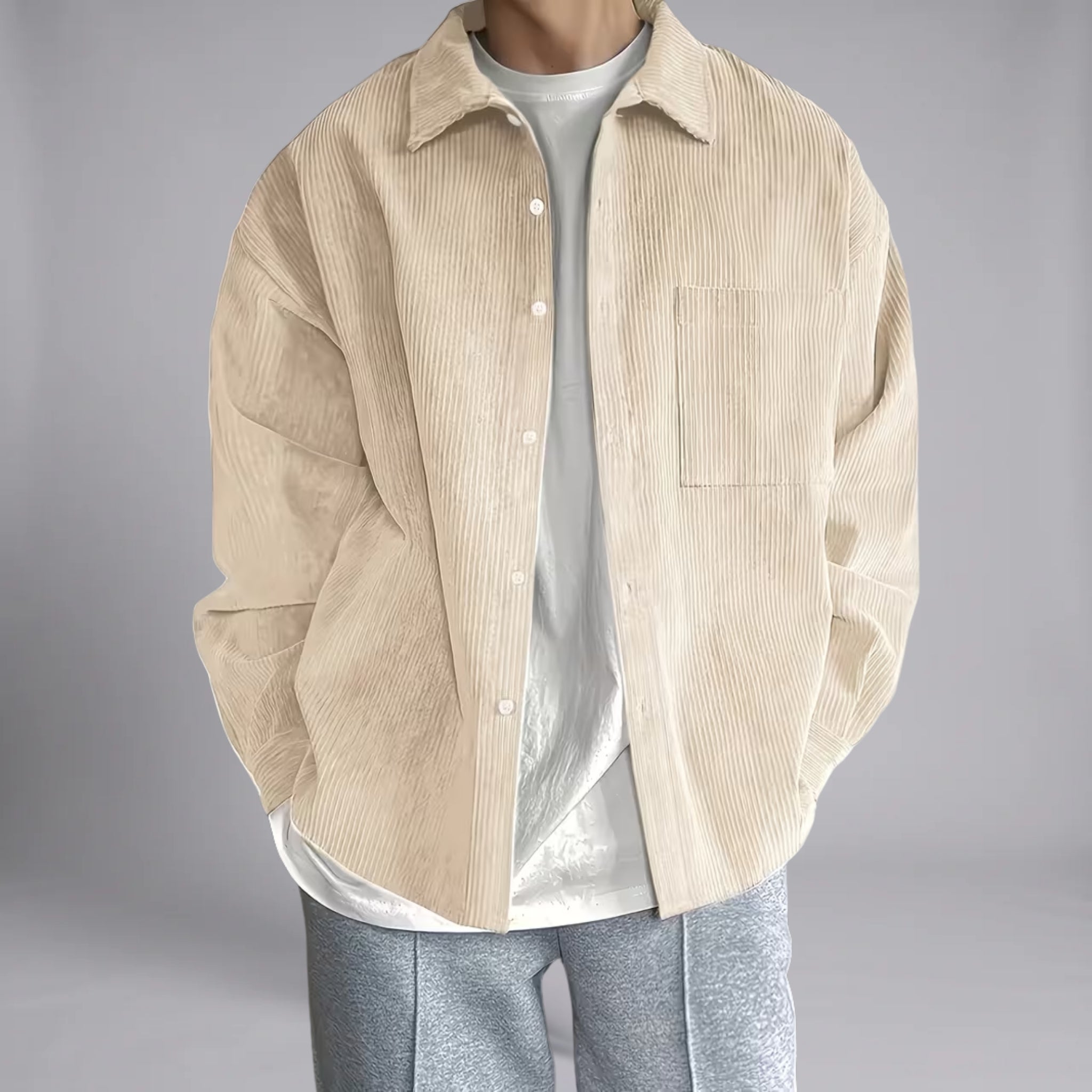 Men’s Ribbed Button-Down Shirt with Chest Pocket
