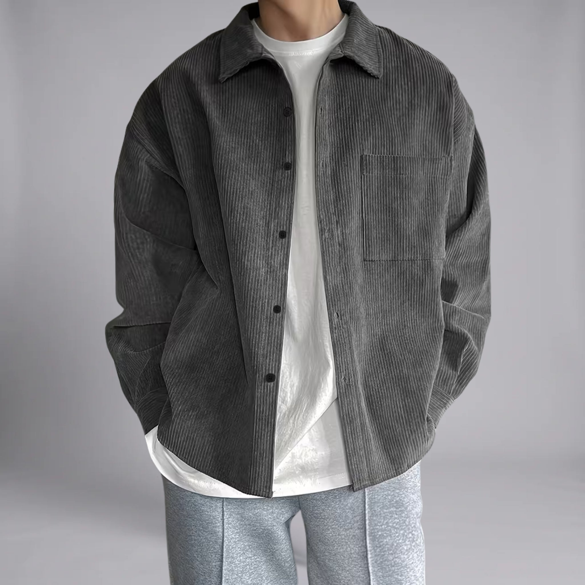 Men’s Ribbed Button-Down Shirt with Chest Pocket