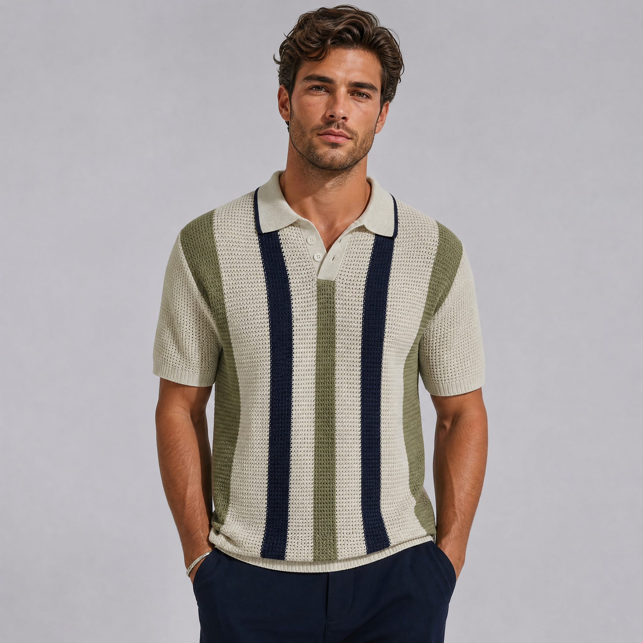 Men's Sage Striped Knitted Polo Shirt – Open Knit Summer Polo