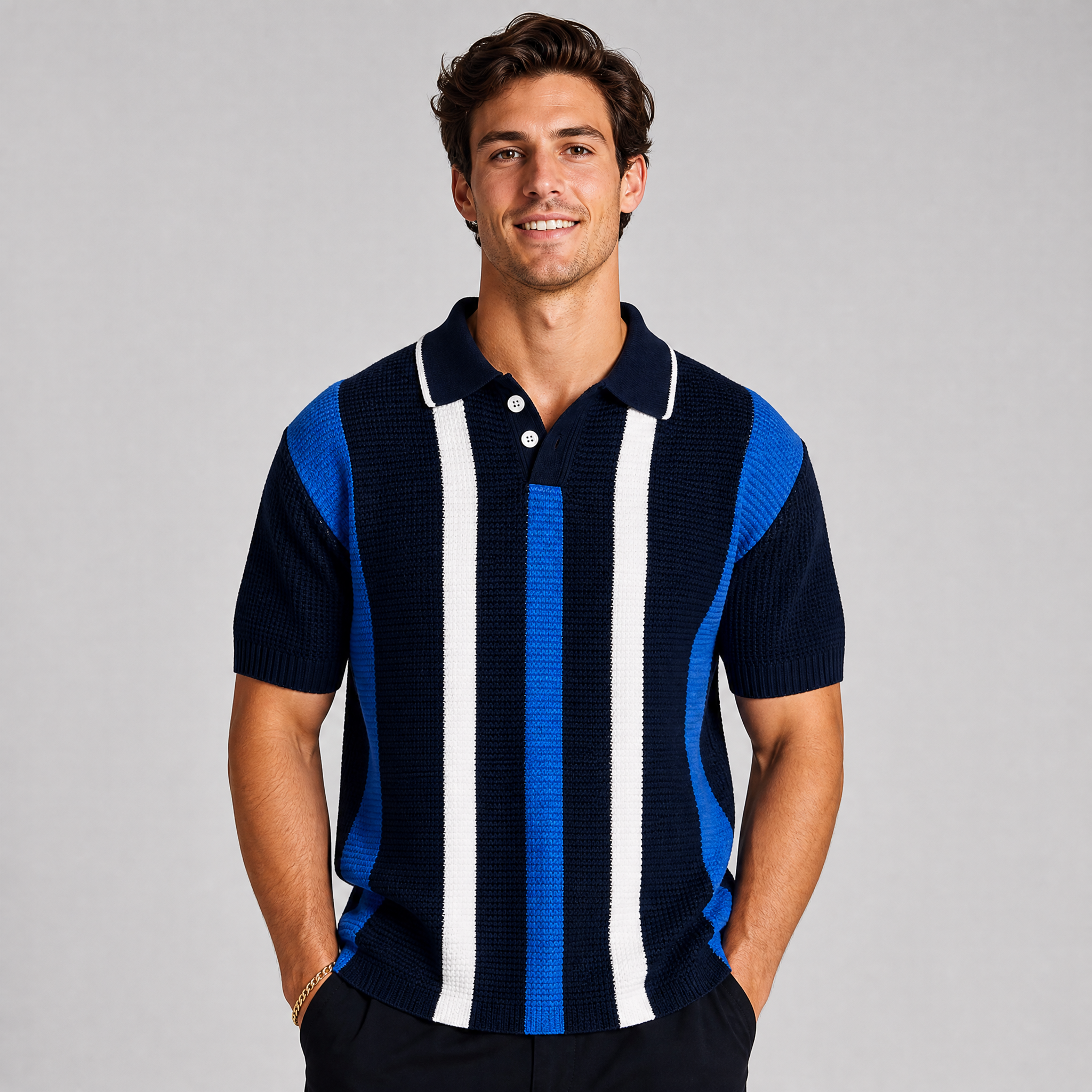 Men's Sage Striped Knitted Polo Shirt – Open Knit Summer Polo