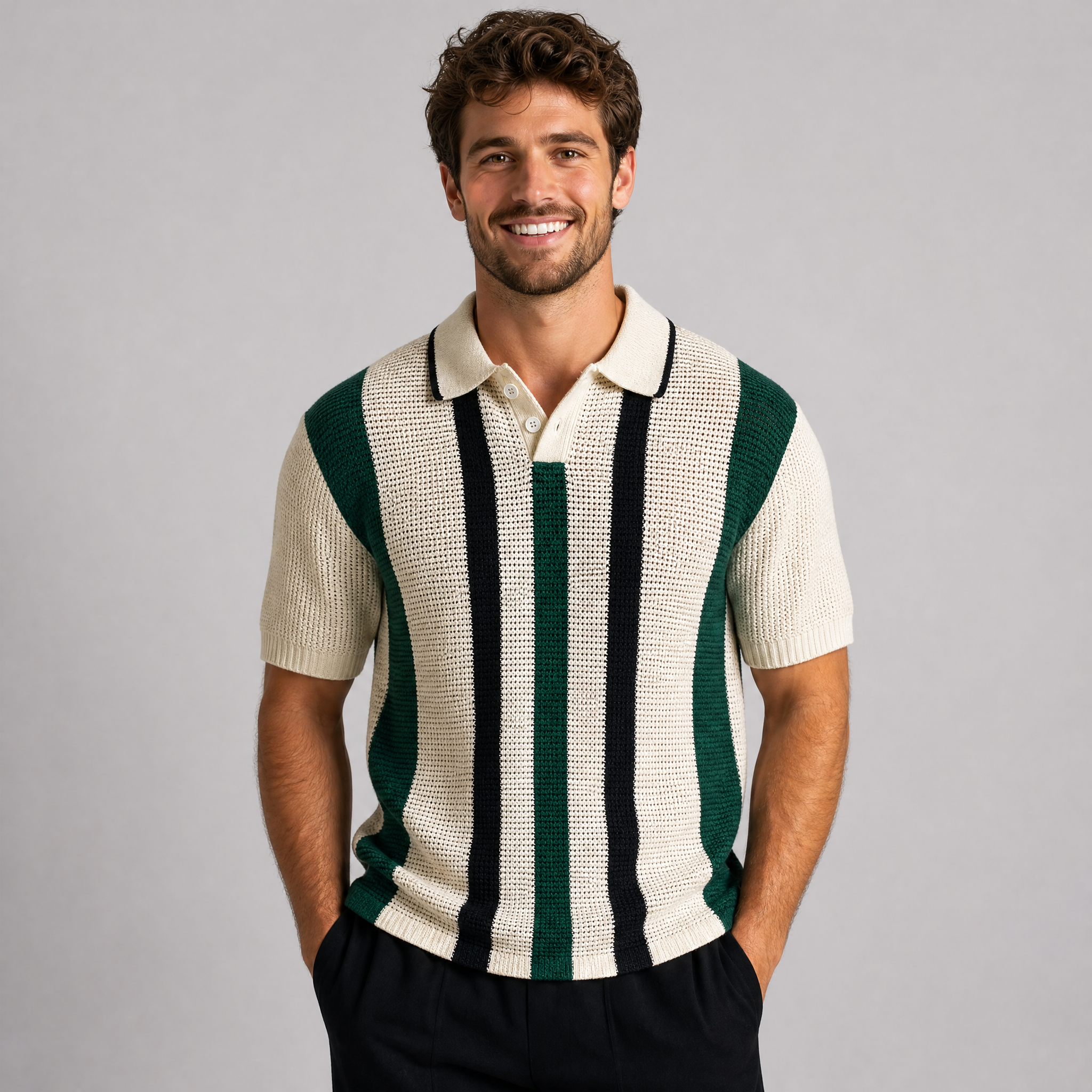 Men's Sage Striped Knitted Polo Shirt – Open Knit Summer Polo