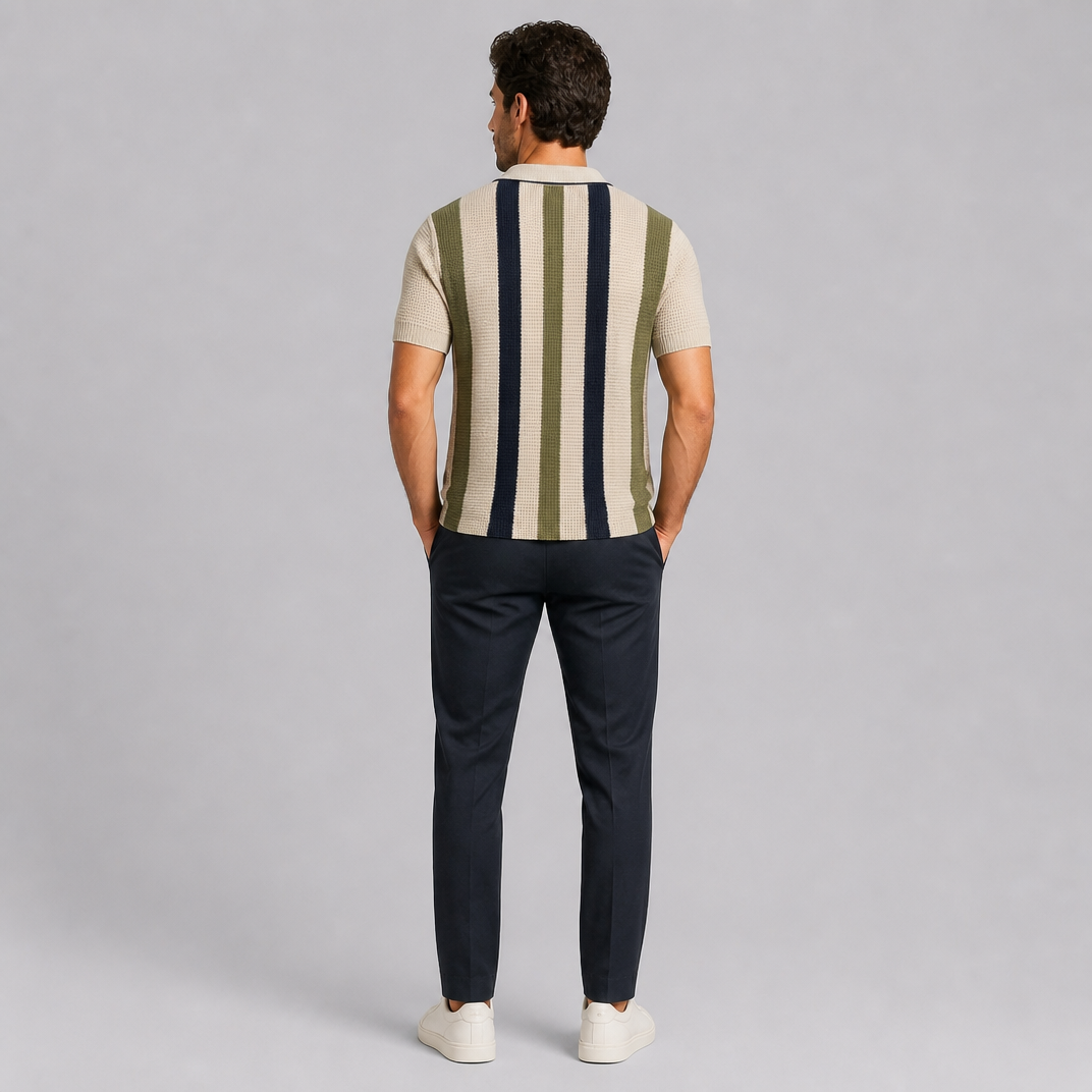Men's Sage Striped Knitted Polo Shirt – Open Knit Summer Polo
