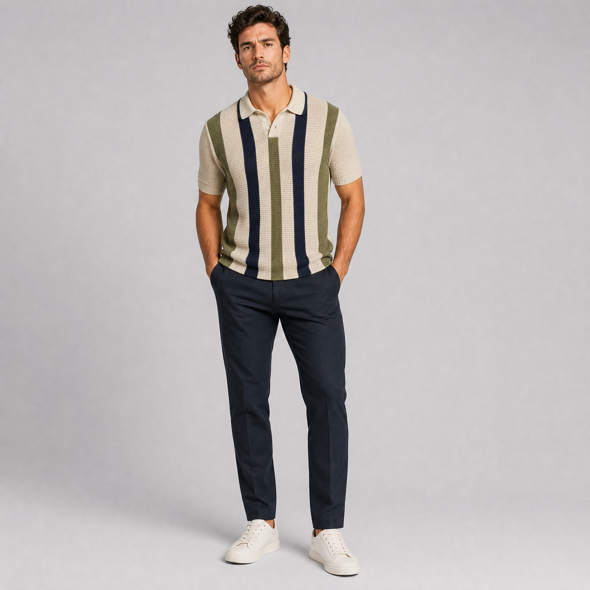 Men's Sage Striped Knitted Polo Shirt – Open Knit Summer Polo