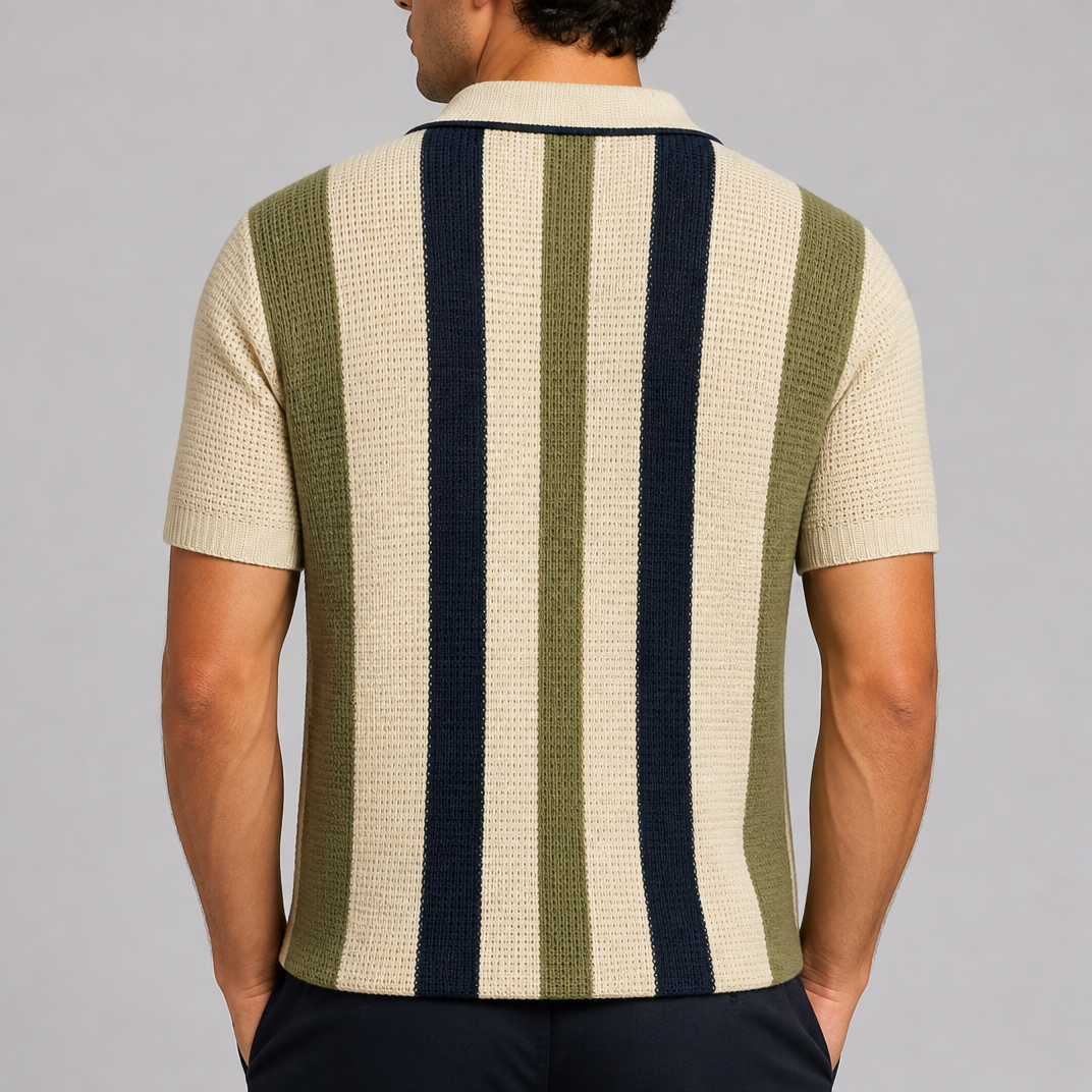 Men's Sage Striped Knitted Polo Shirt – Open Knit Summer Polo