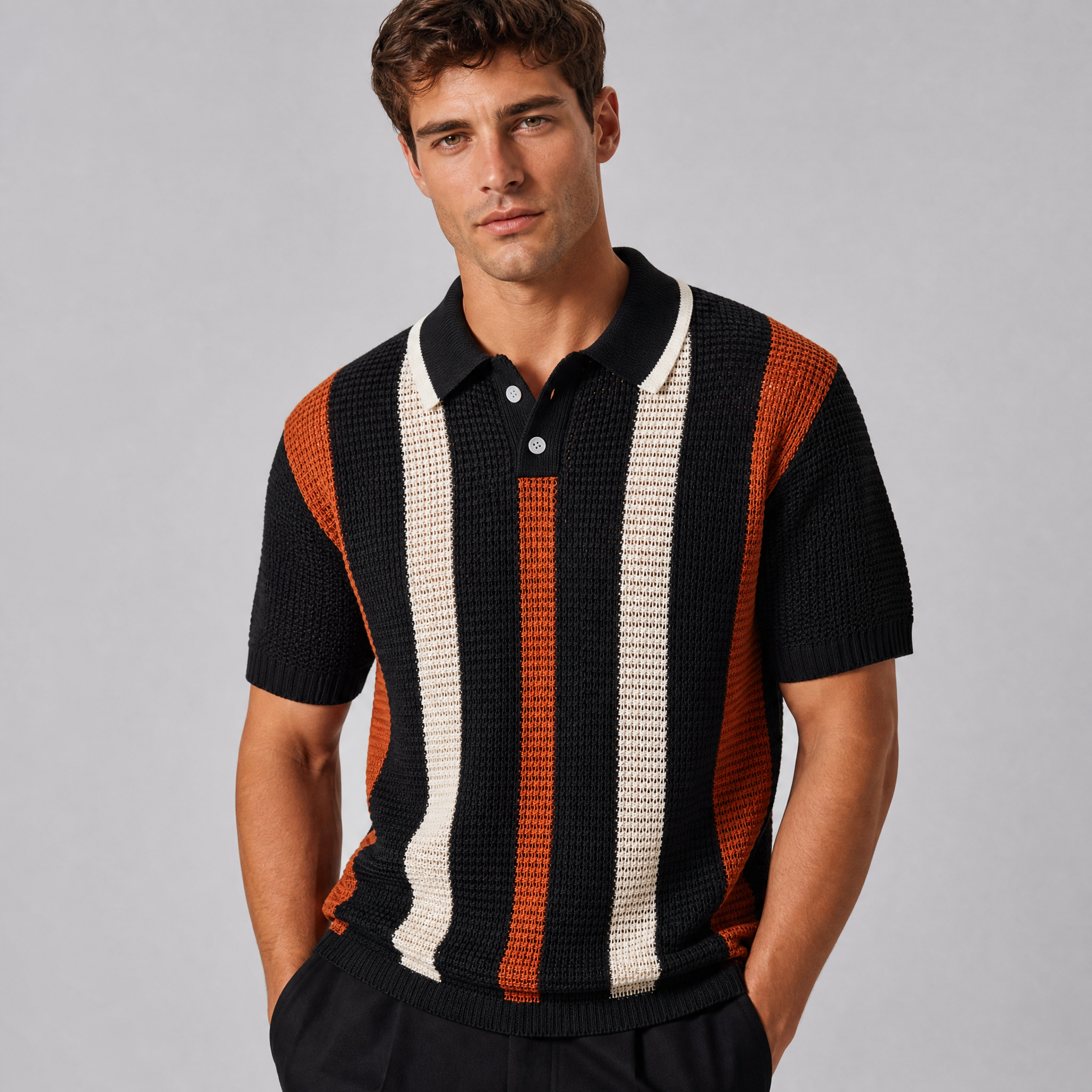Men's Sage Striped Knitted Polo Shirt – Open Knit Summer Polo