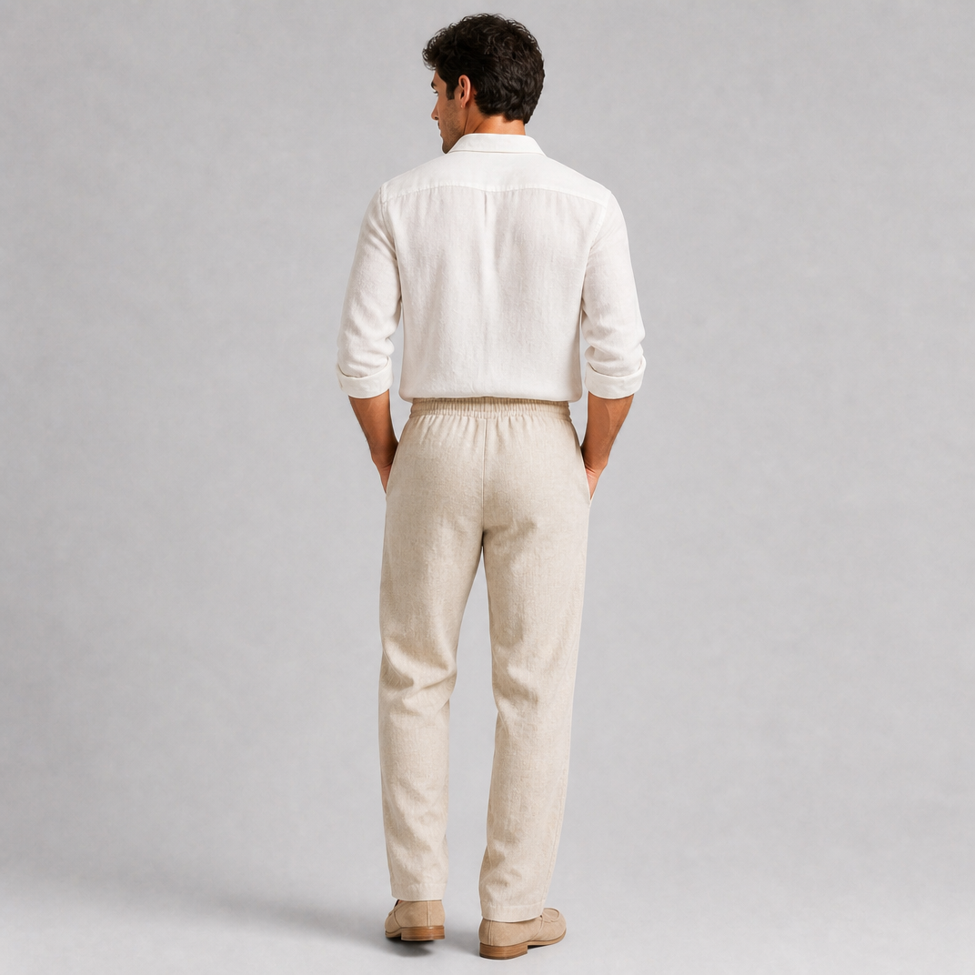 Men’s Sand Beige Relaxed-Fit Linen Trousers