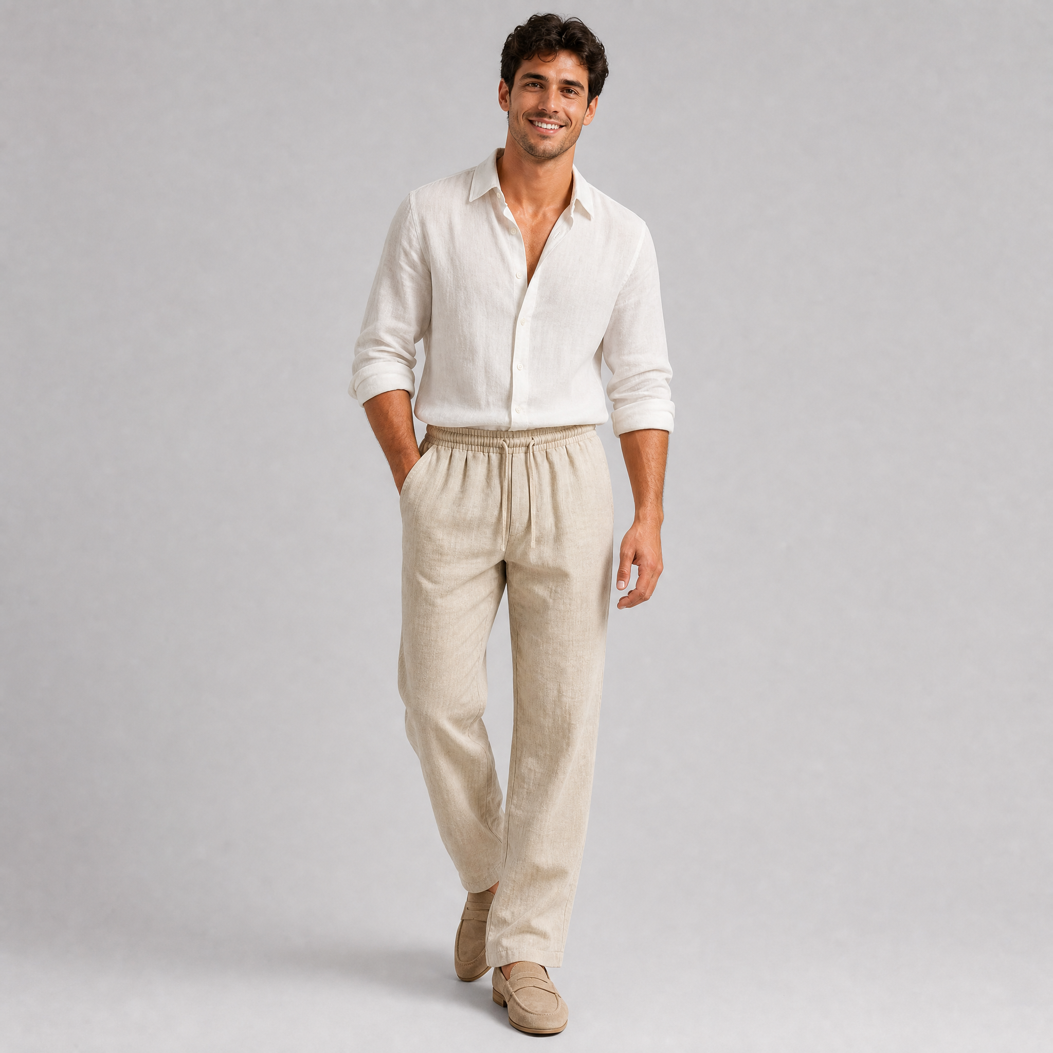 Men’s Sand Beige Relaxed-Fit Linen Trousers